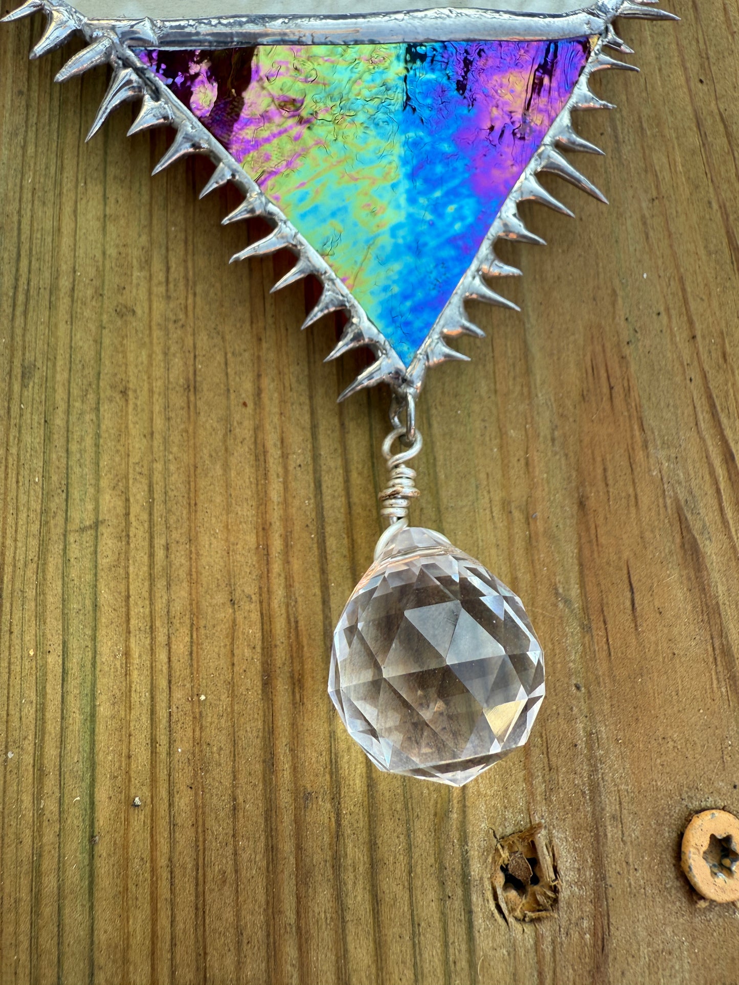 “You Are So Easy To Love” Iridescent Red Stained Glass Heart w/ Rainbow Prism Suncatcher | Hand Stamped Poetry | Spiky Soft Solder | Home Decor 