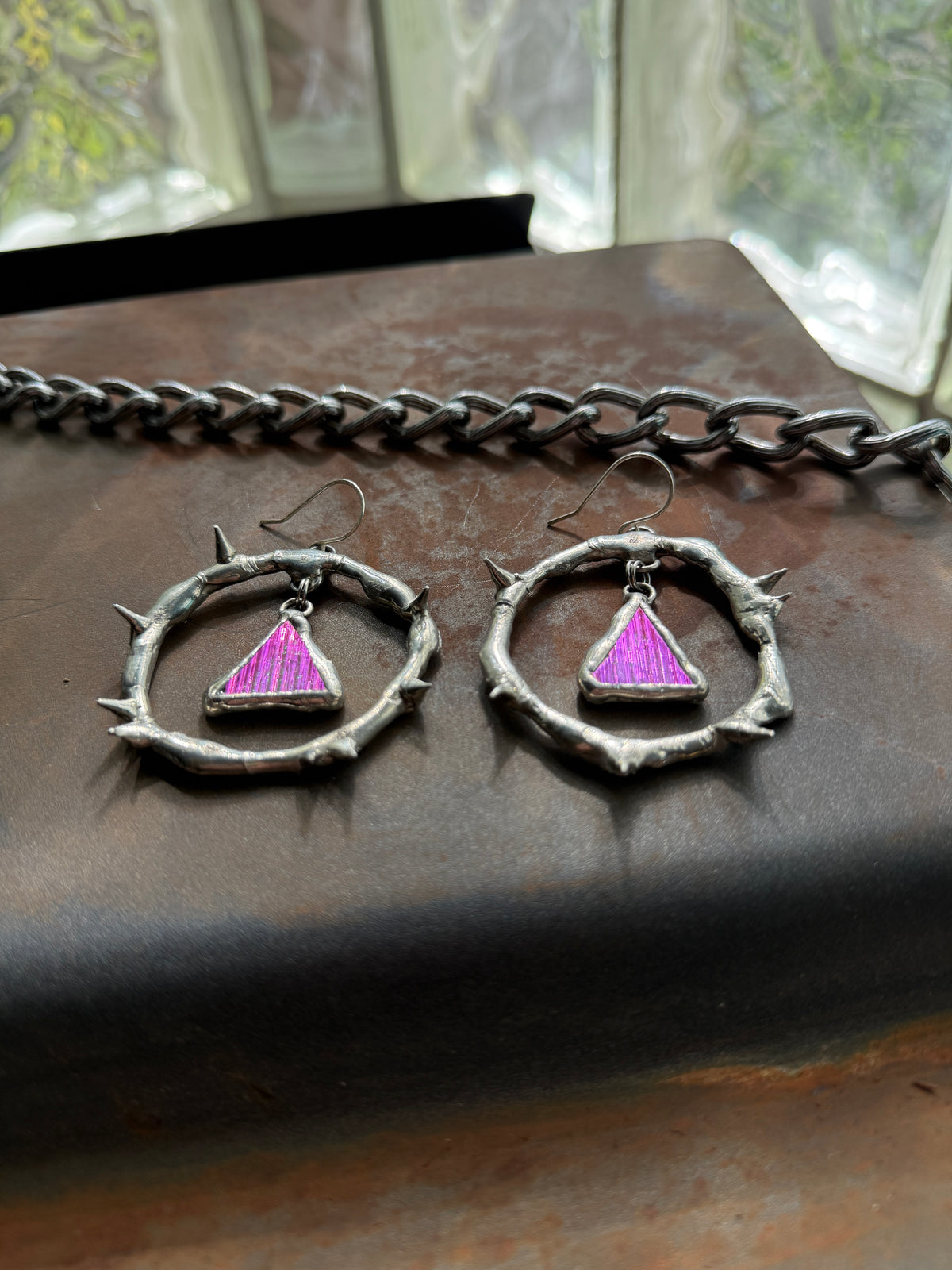 Pink Glass Shards Spiky Hoop Earrings