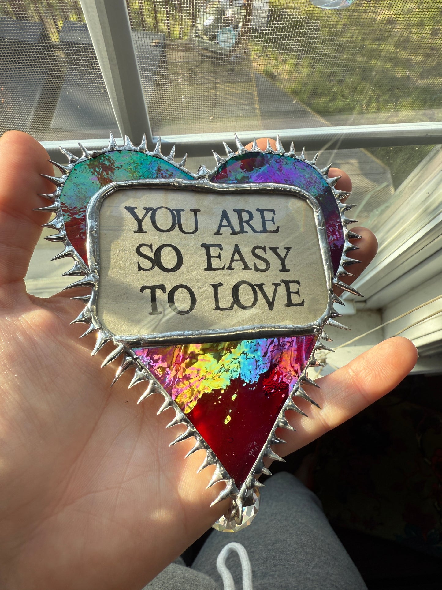 “You Are So Easy To Love” Iridescent Red Stained Glass Heart w/ Rainbow Prism Suncatcher | Hand Stamped Poetry | Spiky Soft Solder | Home Decor 