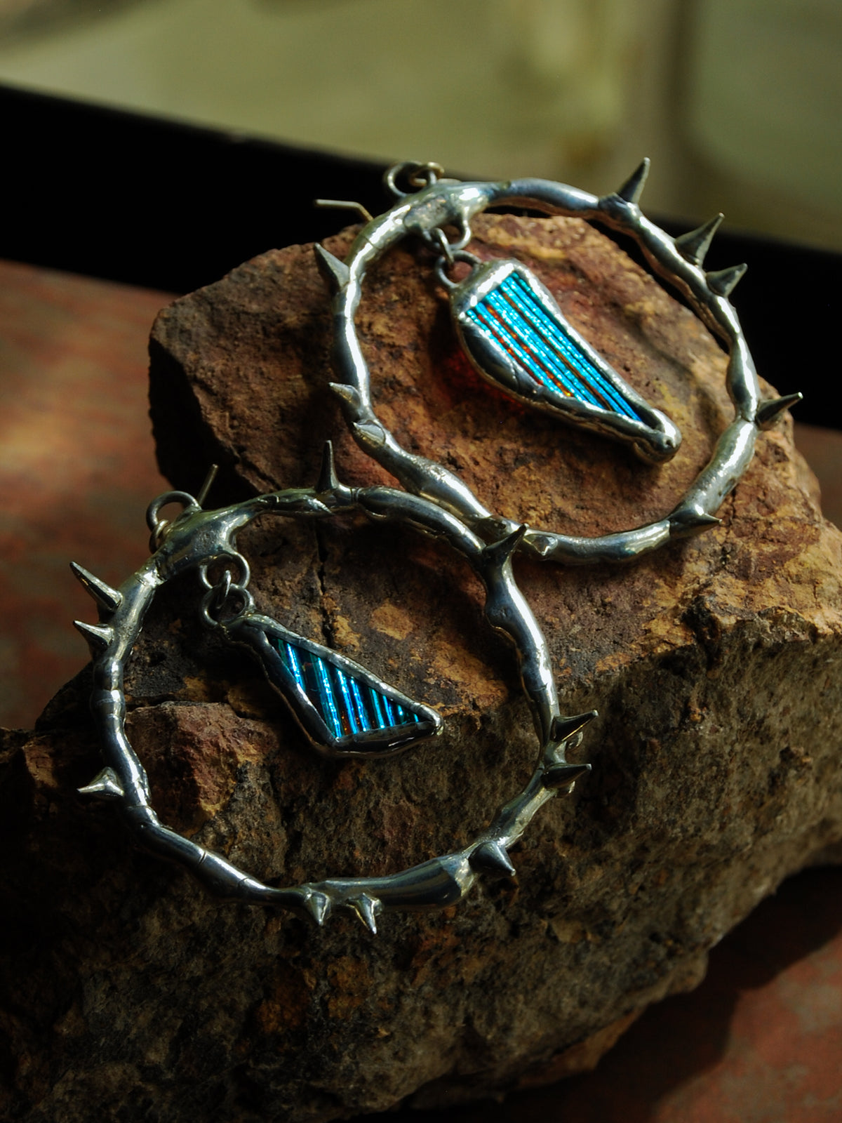 Baby Blue Glass Shards Spiky Hoop Earrings