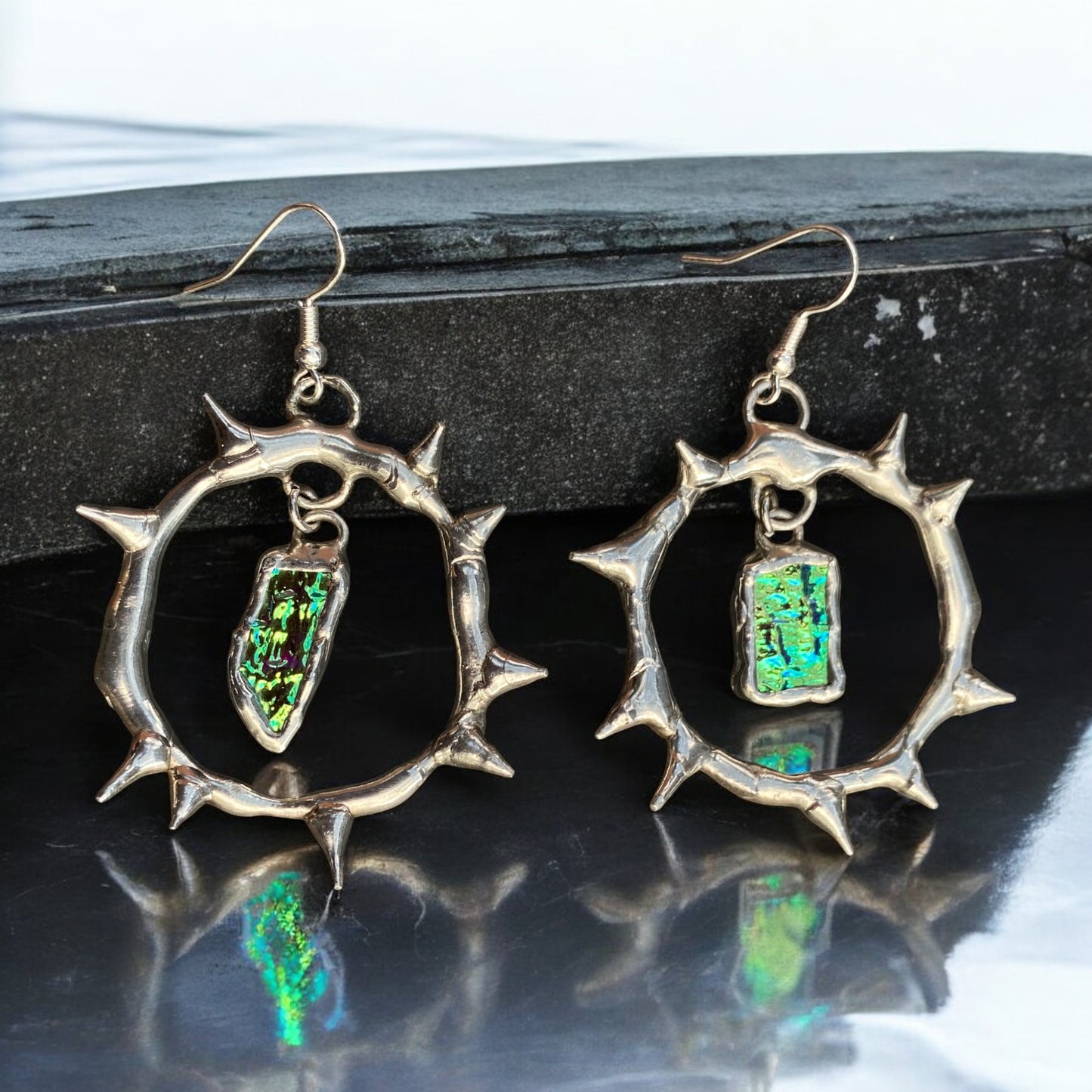 'AQUALINE SHARDS' spiked hoops | stained glass earrings from the BARBED HALO collection