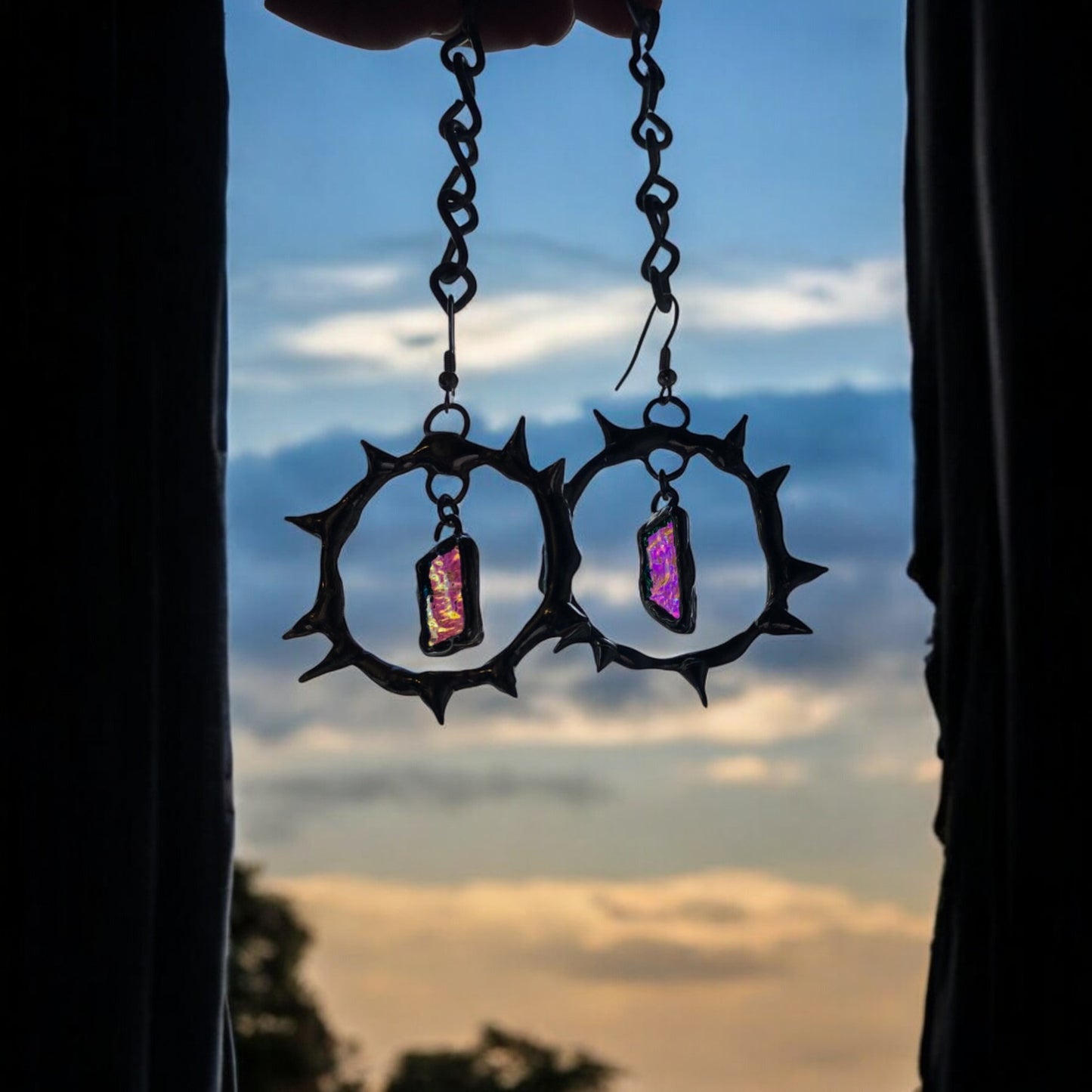 'AQUALINE SHARDS' spiked hoops | stained glass earrings from the BARBED HALO collection