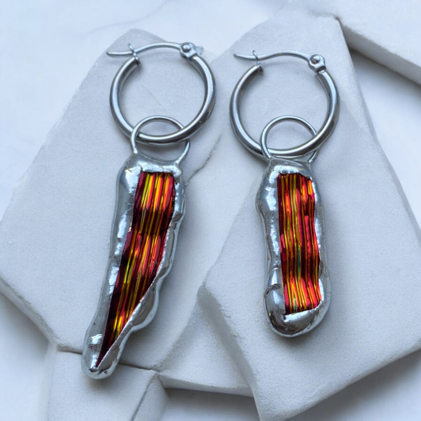 Phoenix Shard Huggie Hoops | Stained Glass Earrings