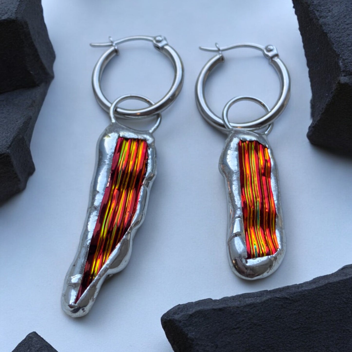 Phoenix Shard Huggie Hoops | Stained Glass Earrings