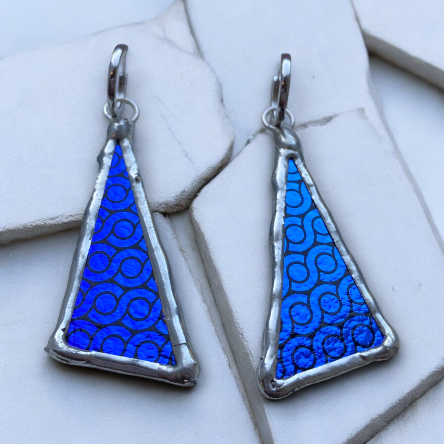 Cobalt Triangle Huggie Hoops | Stained Glass Earrings