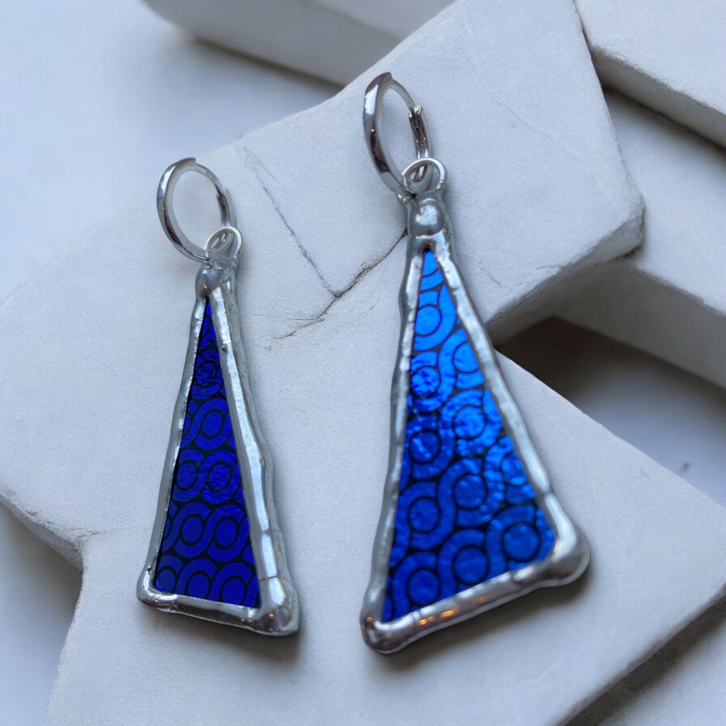 Cobalt Triangle Huggie Hoops | Stained Glass Earrings