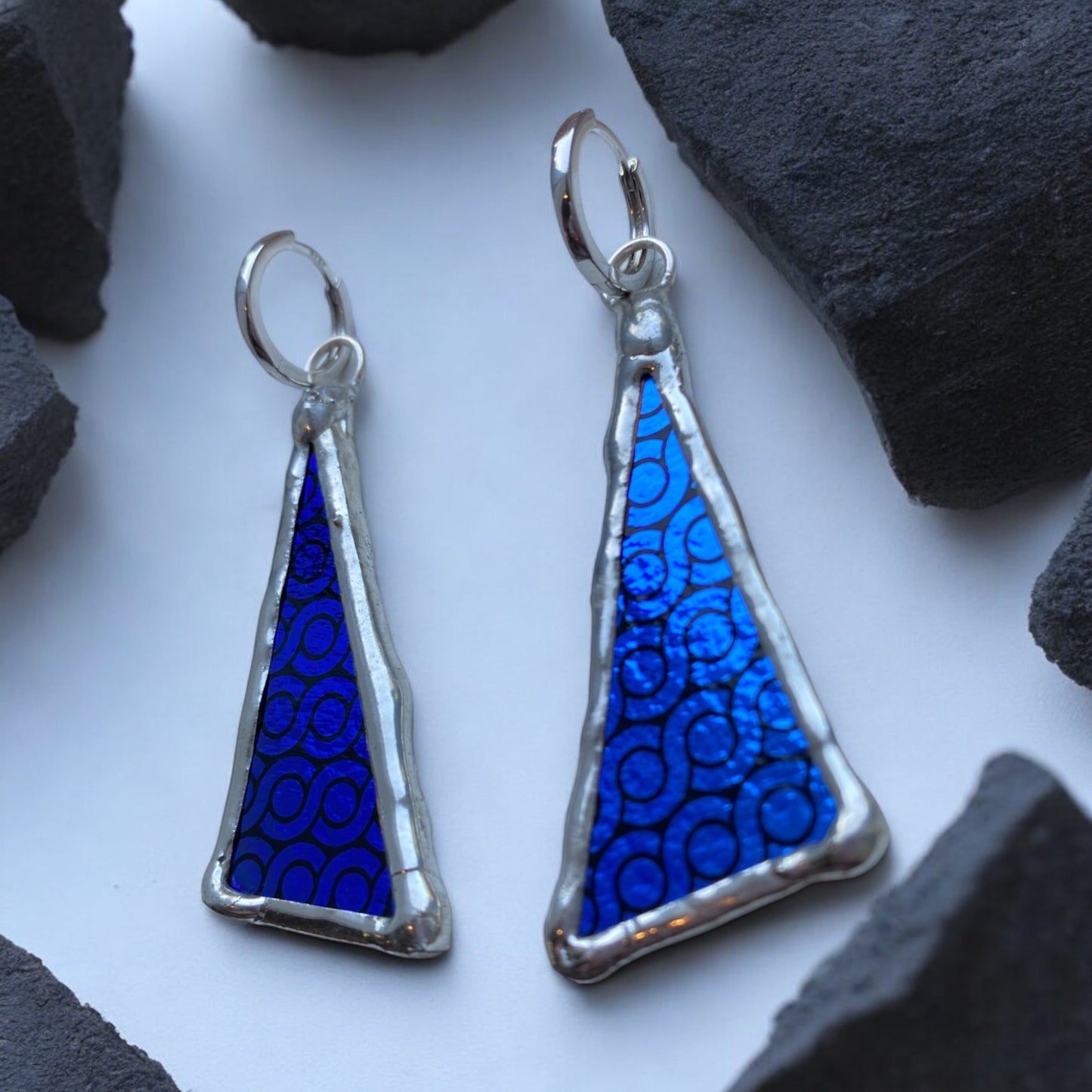 Cobalt Triangle Huggie Hoops | Stained Glass Earrings