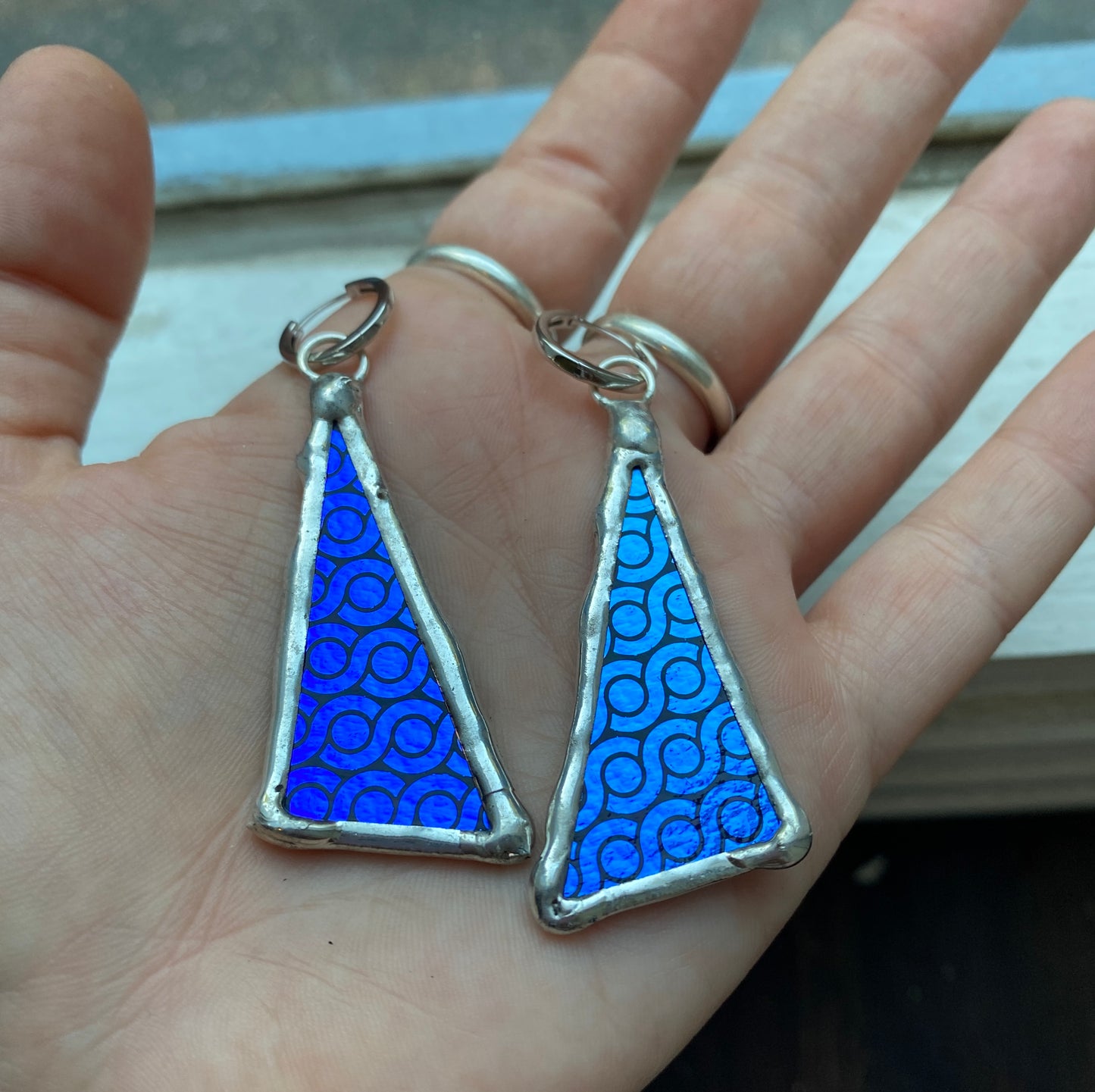 Cobalt Triangle Huggie Hoops | Stained Glass Earrings