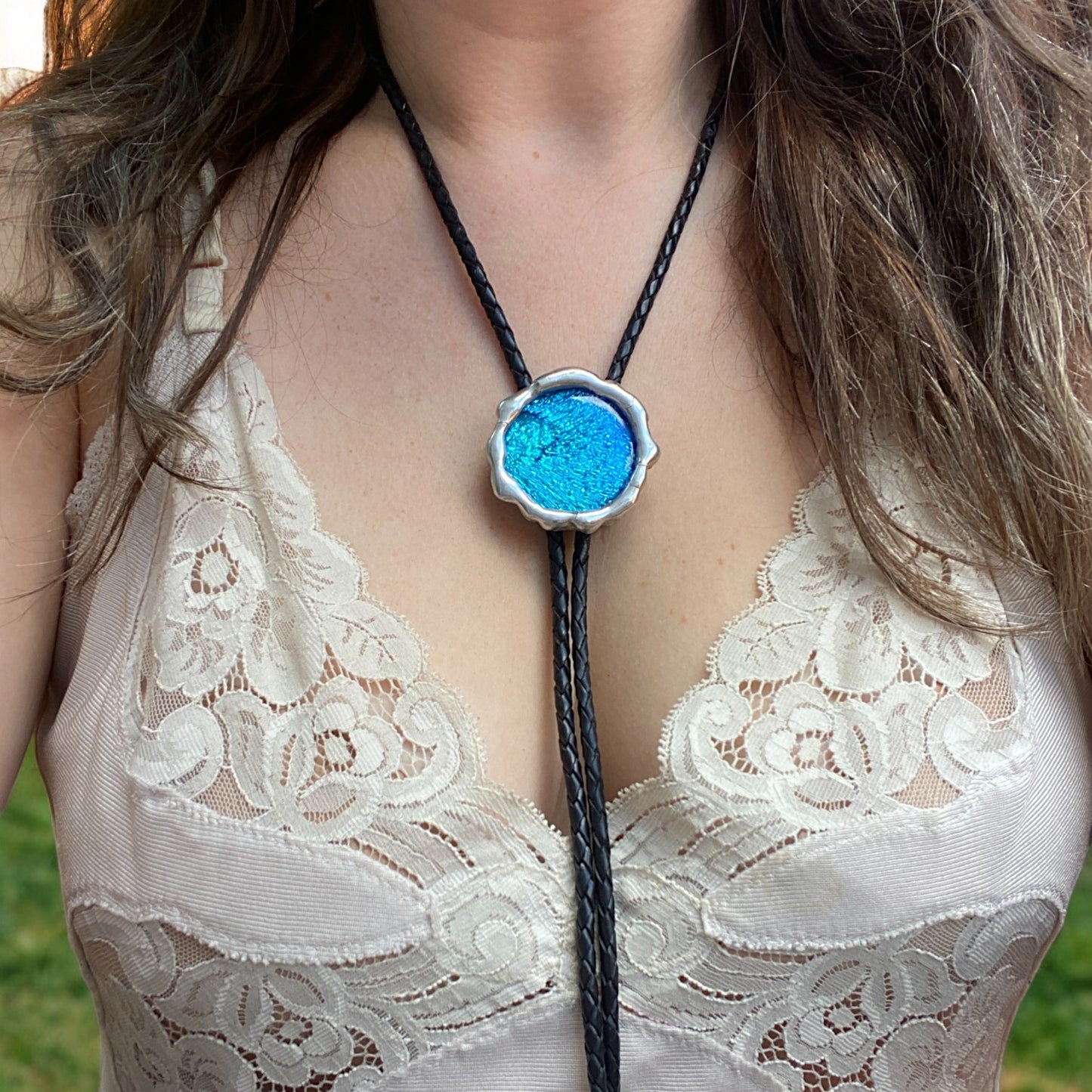 Cerulean Portal Fused Glass Bolo Tie