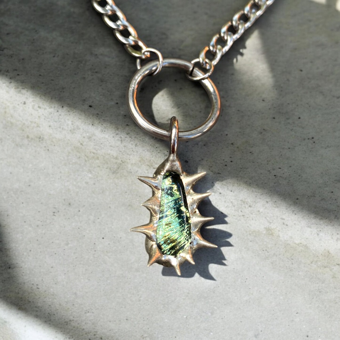 Tiny Moss Creature | Spiked Fused Glass O Ring Necklace