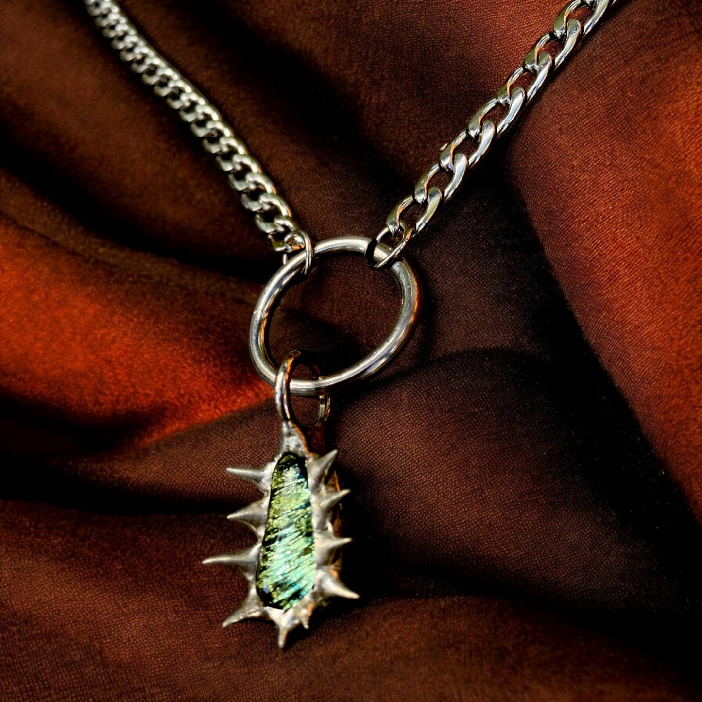 Tiny Moss Creature | Spiked Fused Glass O Ring Necklace