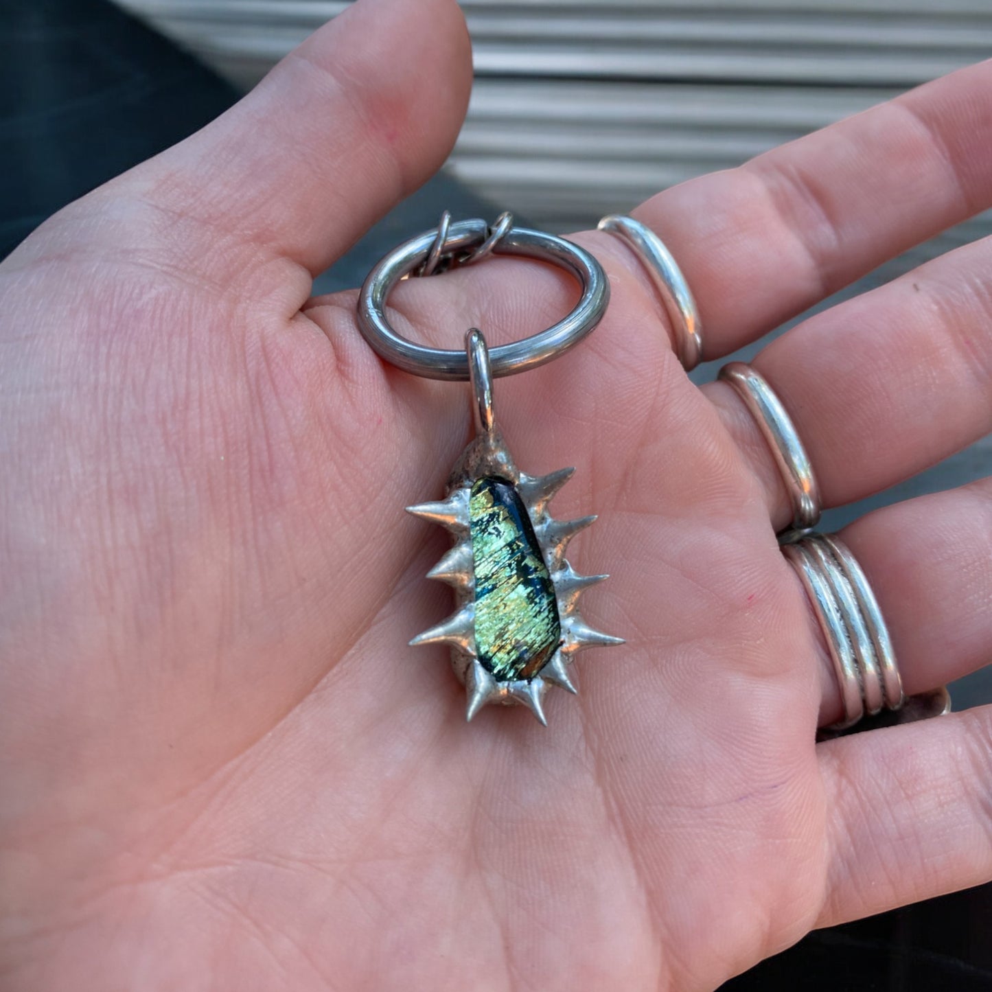 Tiny Moss Creature | Spiked Fused Glass O Ring Necklace