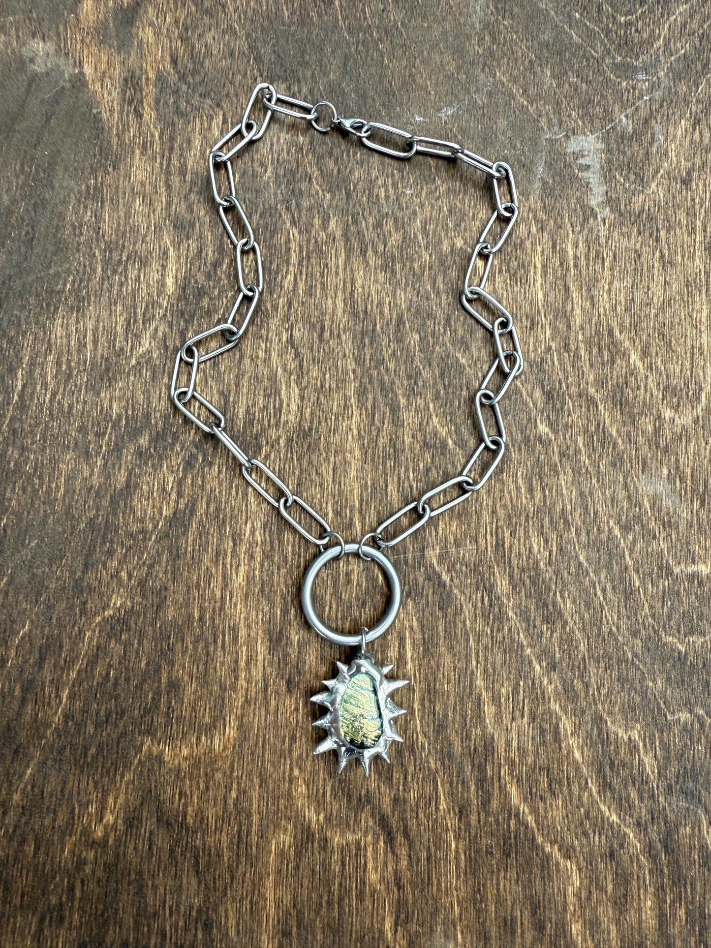 Fairy Goth Green Fused Glass Choker Necklace with Spikes & O Ring - Chainmail Jewelry