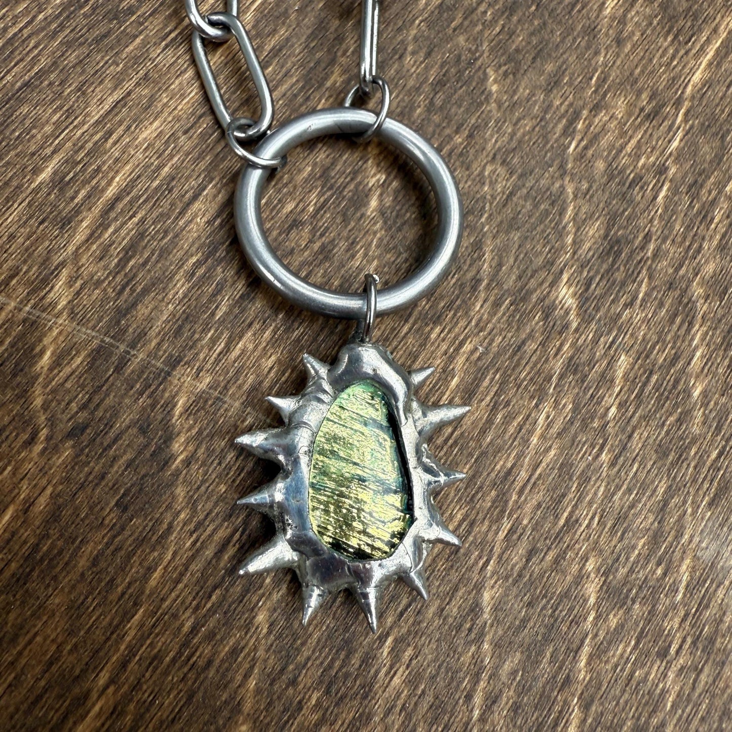 Fairy Goth Green Fused Glass Choker Necklace with Spikes & O Ring - Chainmail Jewelry