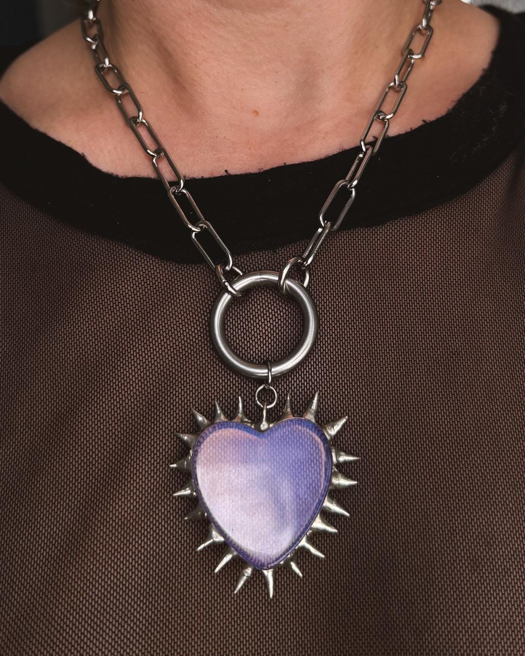 Spiked Opalite Heart Choker Collar Necklace with O Ring