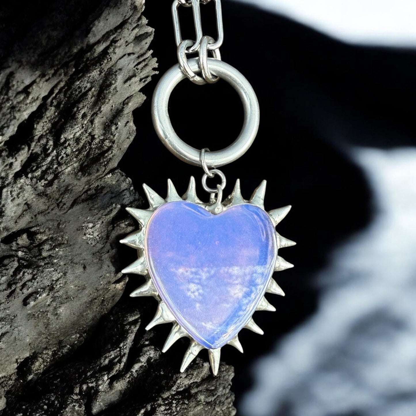 Spiked Opalite Heart Choker Collar Necklace with O Ring