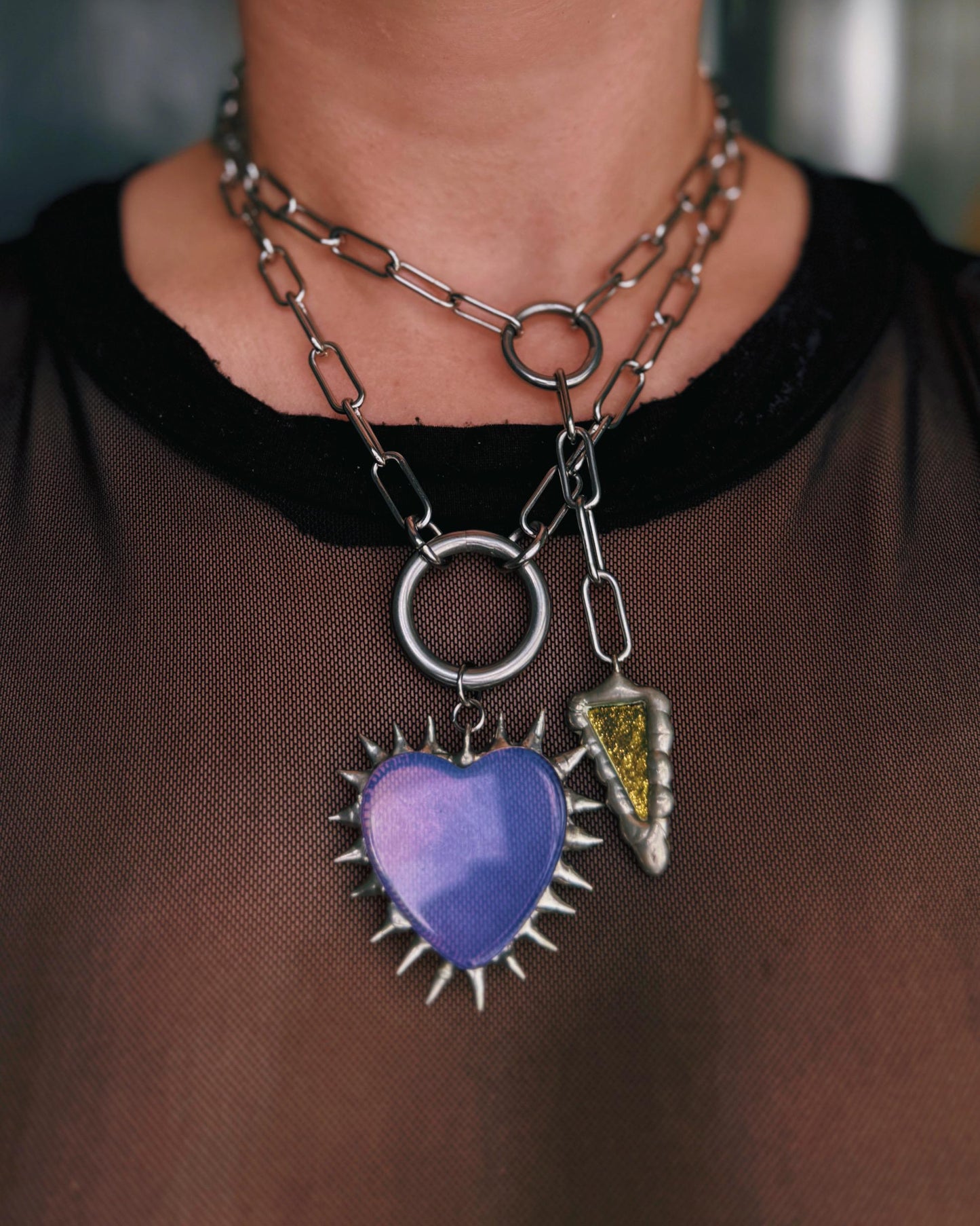 Spiked Opalite Heart Choker Collar Necklace with O Ring