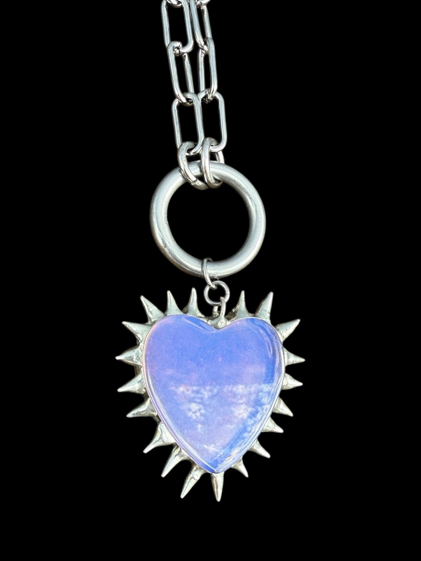 Spiked Opalite Heart Choker Collar Necklace with O Ring