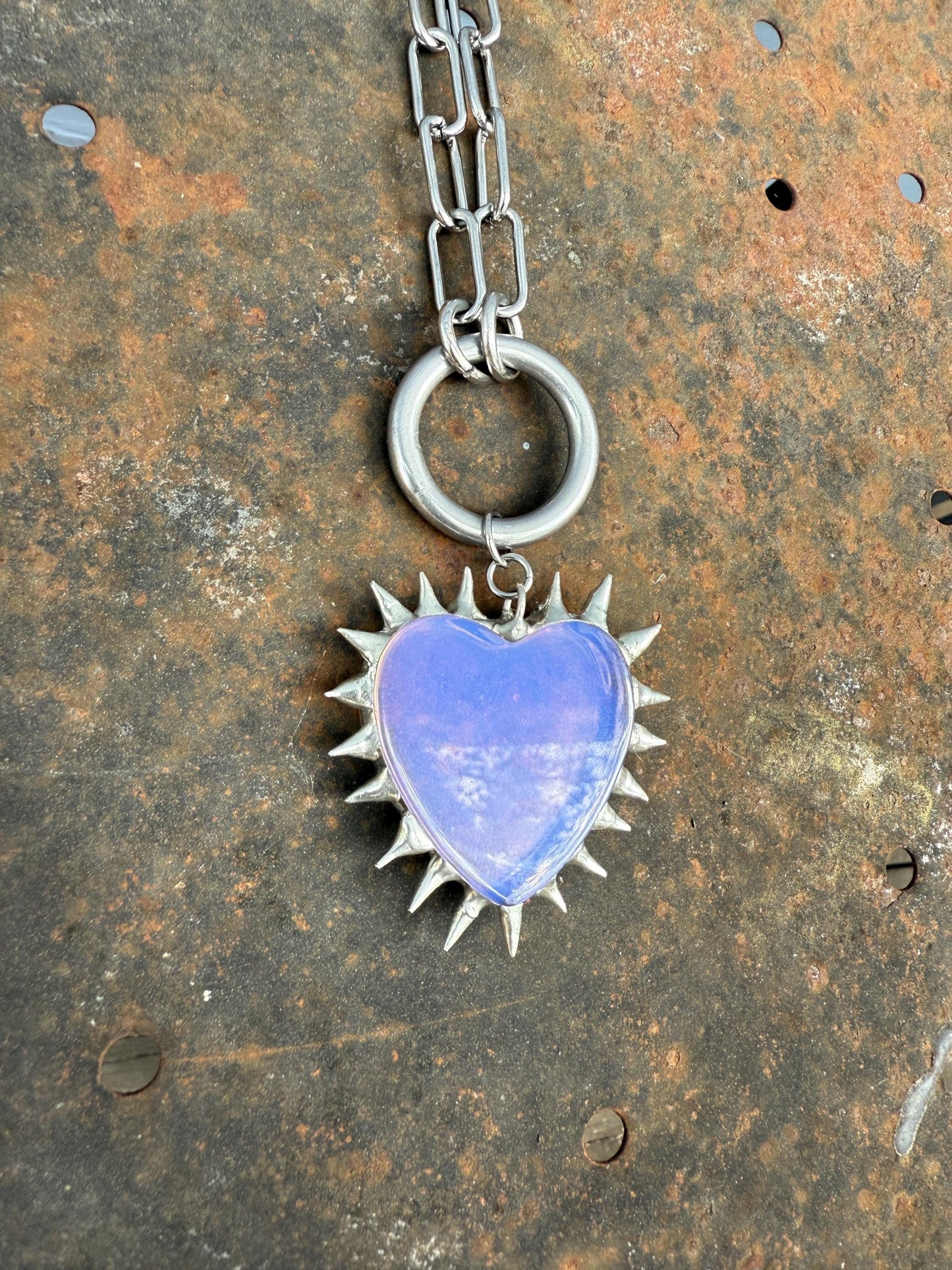 Spiked Opalite Heart Choker Collar Necklace with O Ring