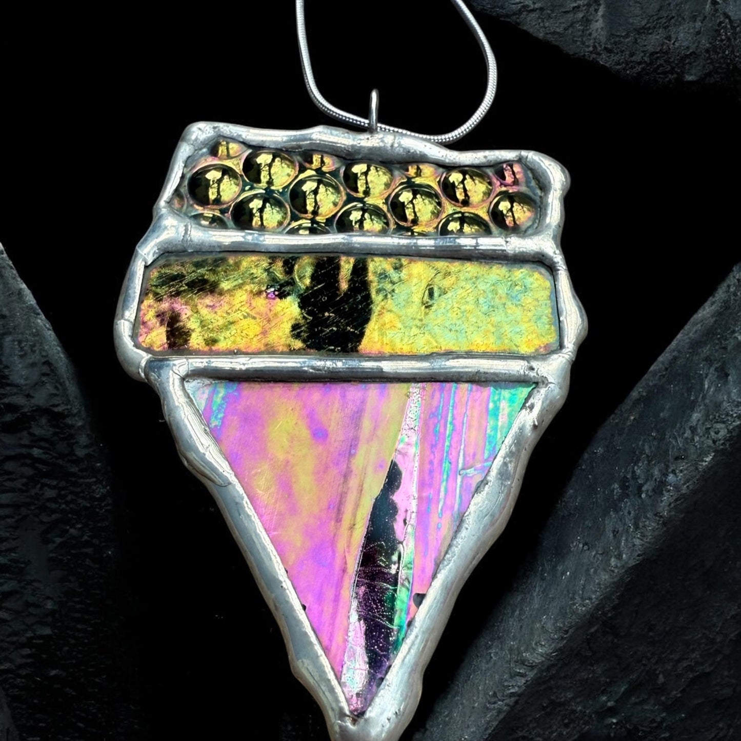 Iridescent Stained Glass Necklace | Geometric Handmade Wearable Art + Whimsigoth Fashion