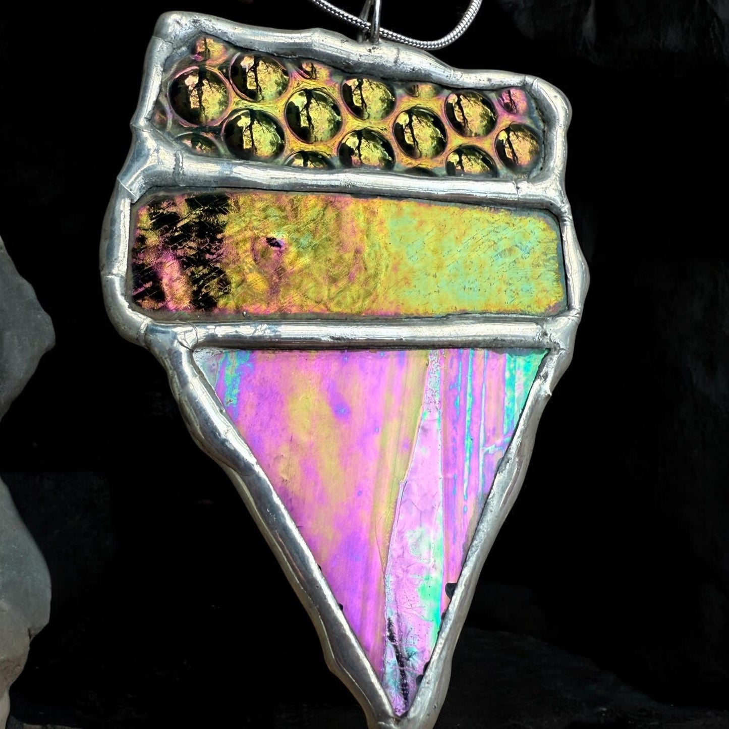 Iridescent Stained Glass Necklace | Geometric Handmade Wearable Art + Whimsigoth Fashion