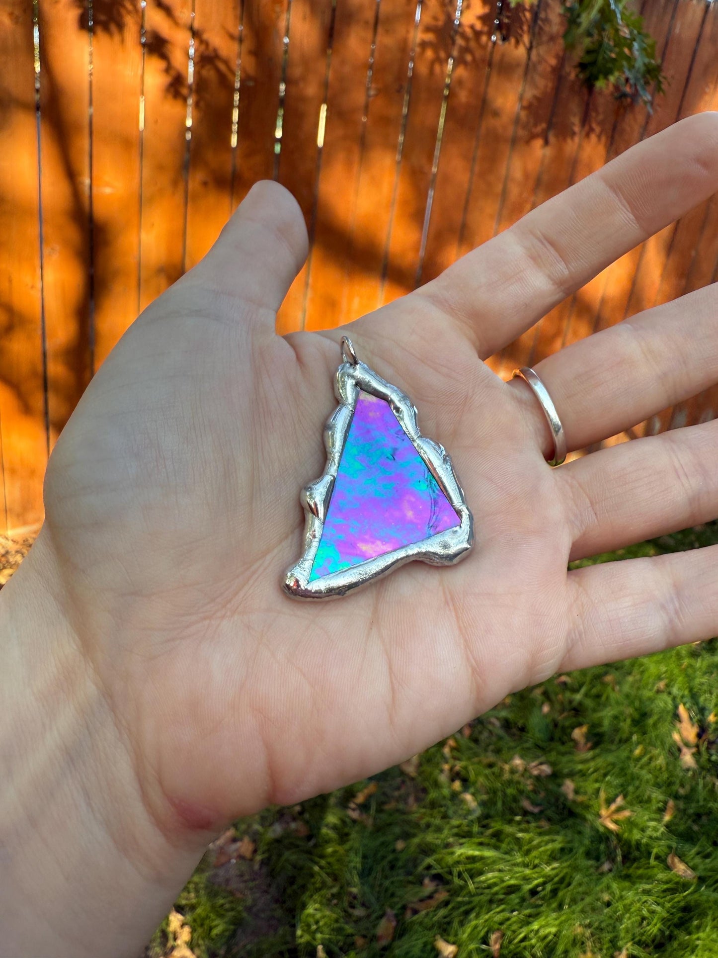 Stained Glass Pendant Necklace | Celestial Pink + Blue Triangle Portal, Soft Solder