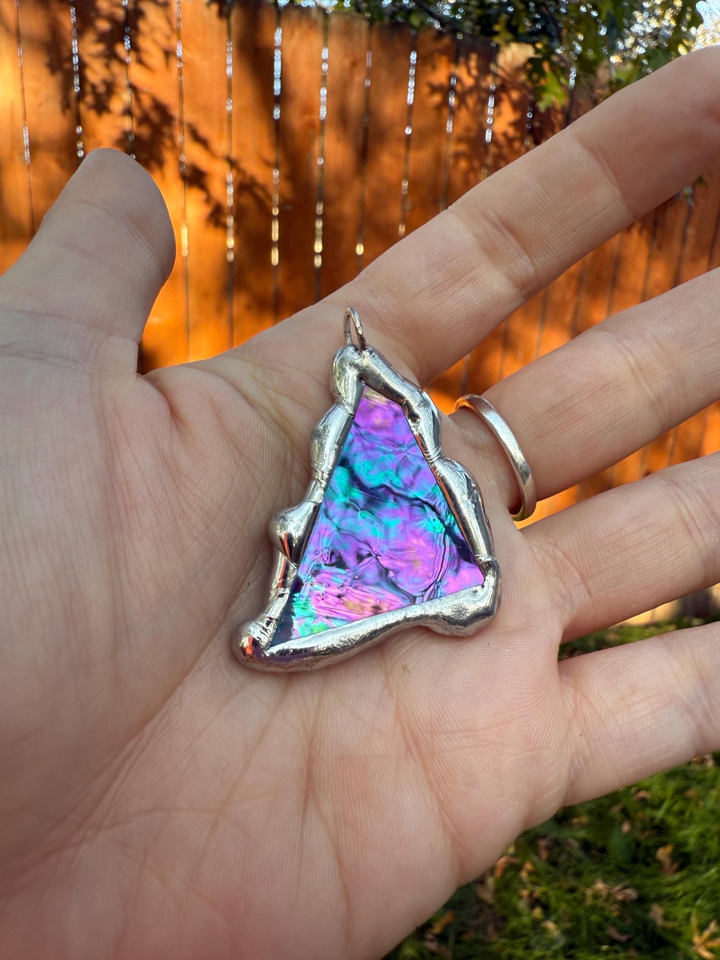Stained Glass Pendant Necklace | Celestial Pink + Blue Triangle Portal, Soft Solder