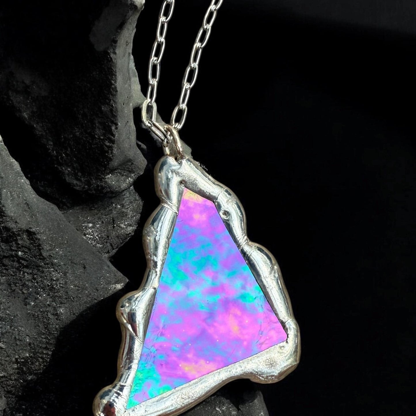 Stained Glass Pendant Necklace | Celestial Pink + Blue Triangle Portal, Soft Solder