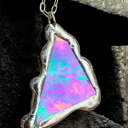 Stained Glass Pendant Necklace | Celestial Pink + Blue Triangle Portal, Soft Solder