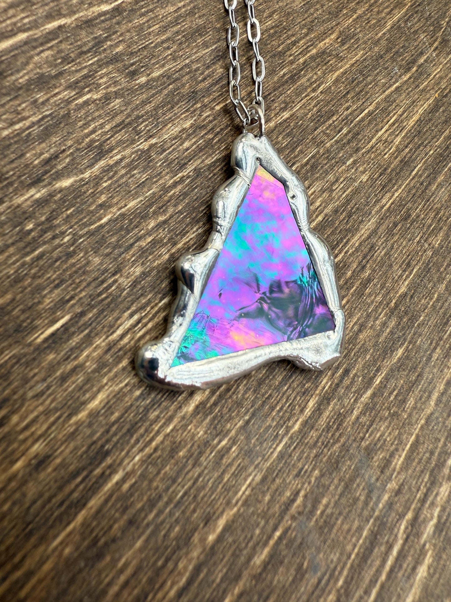 Stained Glass Pendant Necklace | Celestial Pink + Blue Triangle Portal, Soft Solder