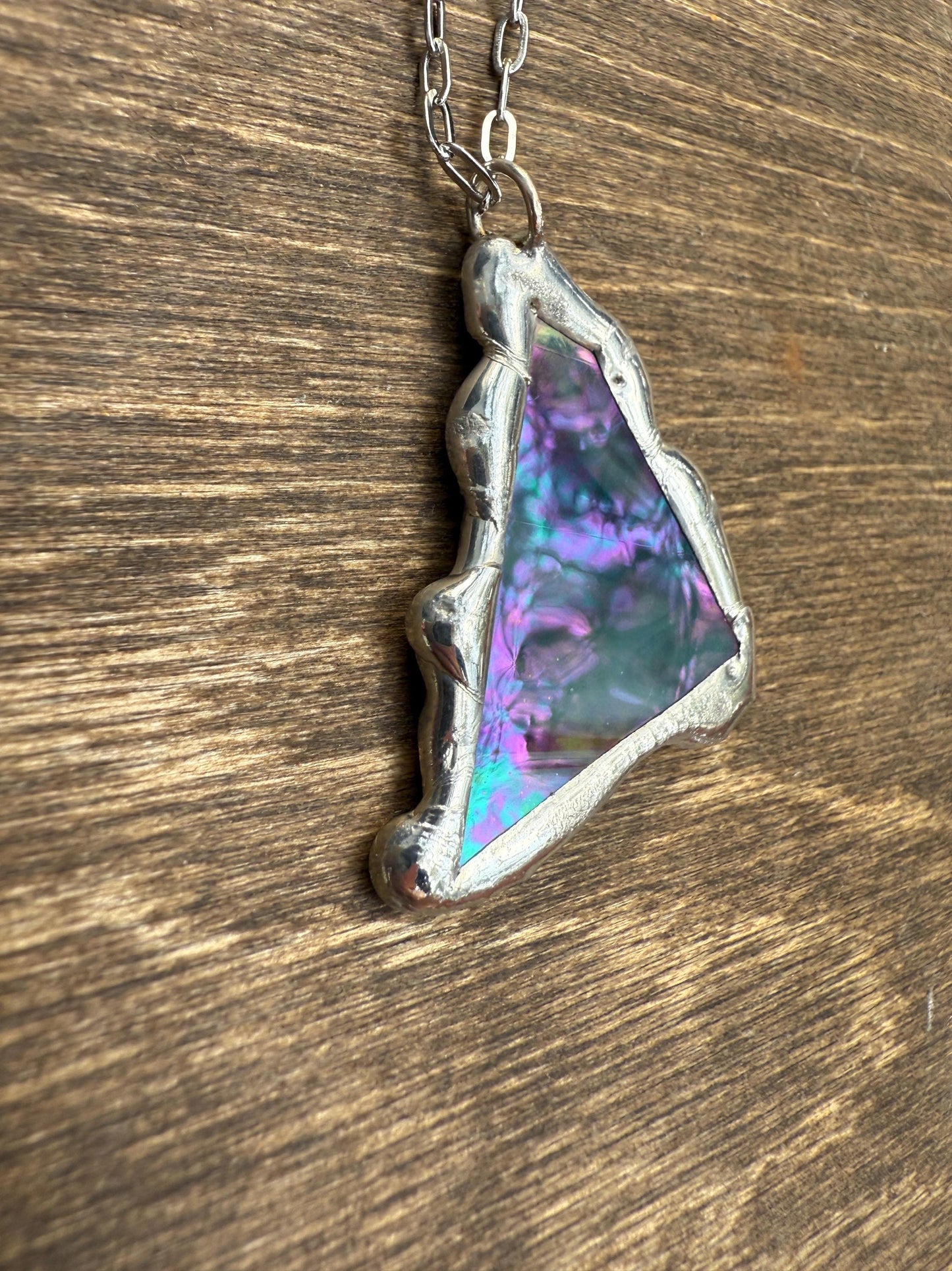 Stained Glass Pendant Necklace | Celestial Pink + Blue Triangle Portal, Soft Solder