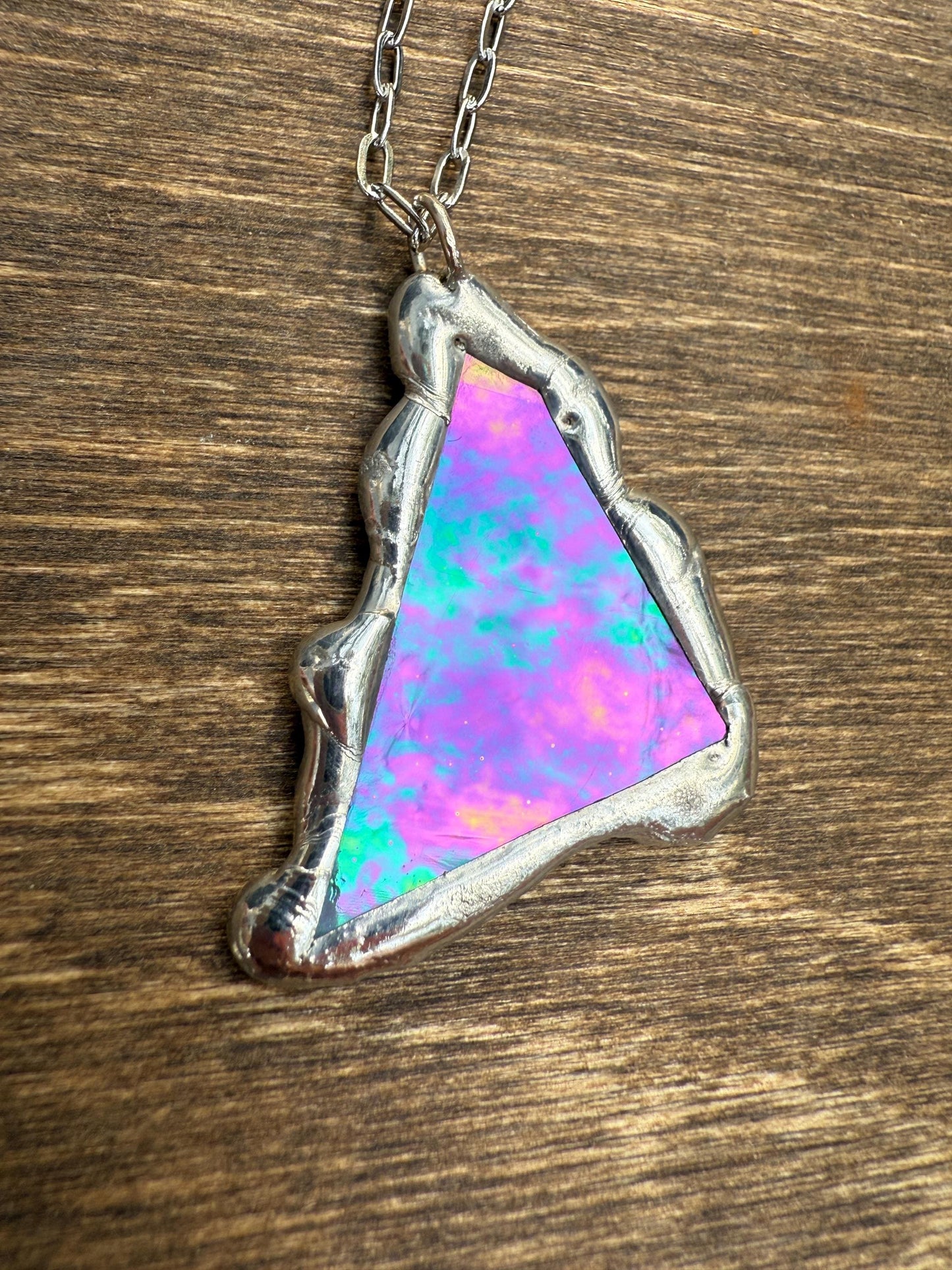 Stained Glass Pendant Necklace | Celestial Pink + Blue Triangle Portal, Soft Solder