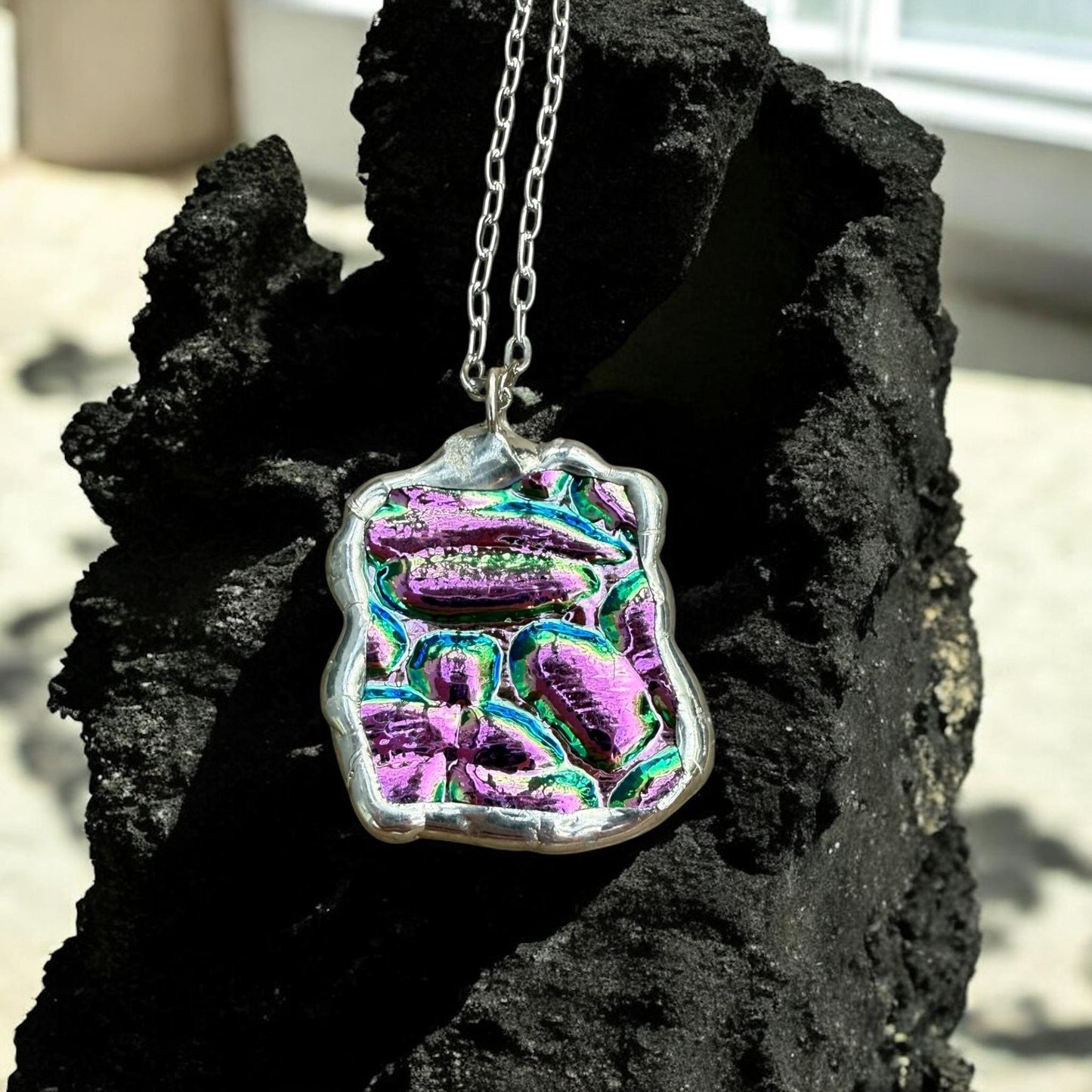 Pink Stained Glass Pendant | Iridescent Vaporwave Bubble Portal