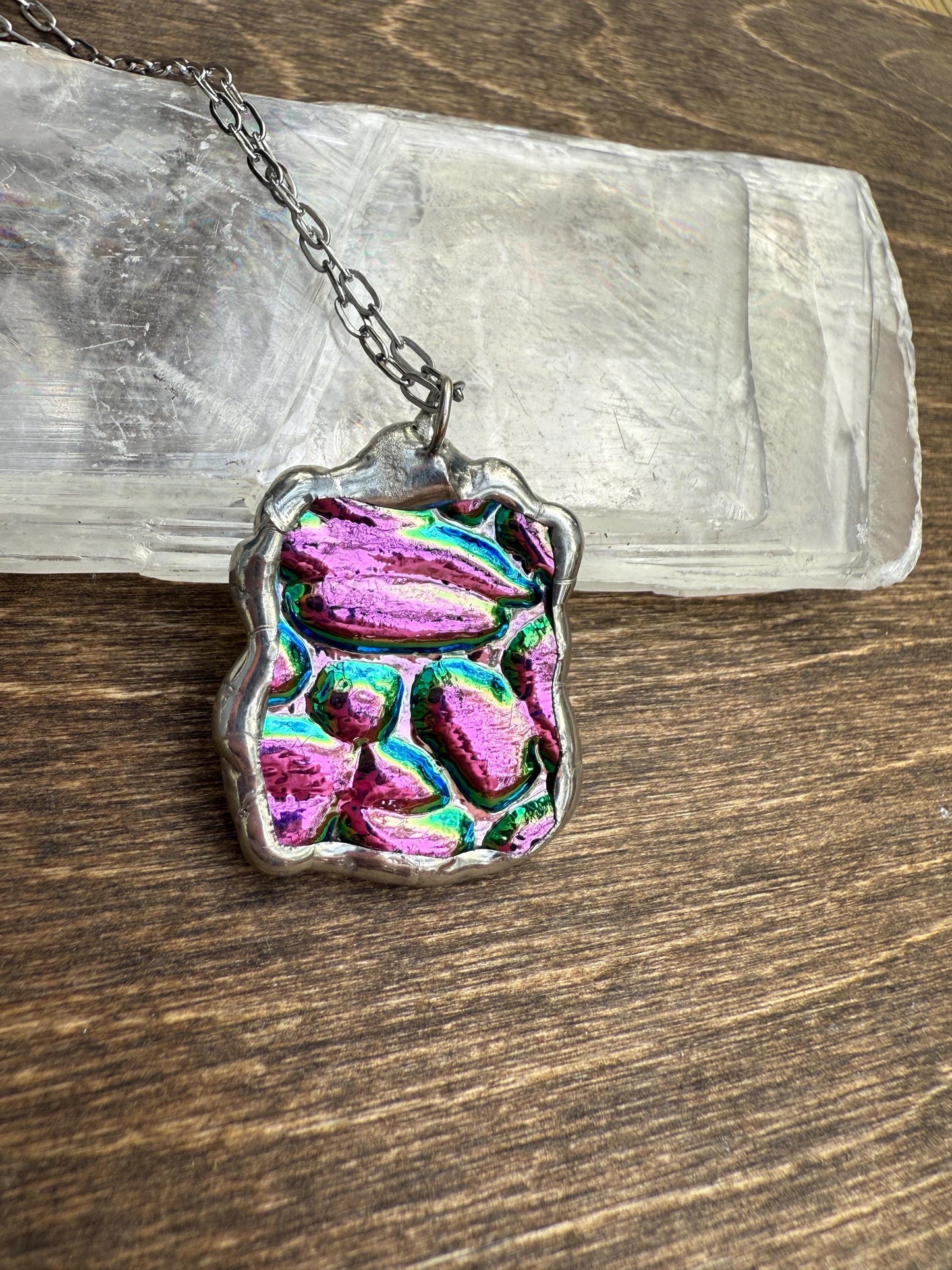 Pink Stained Glass Pendant | Iridescent Vaporwave Bubble Portal