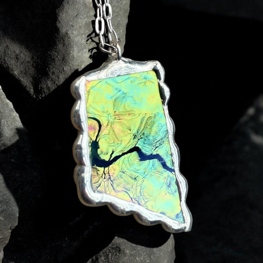 Green Iridescent Stained Glass Pendant | Brutalist Handmade Wearable Art + Whimsigoth Fashion