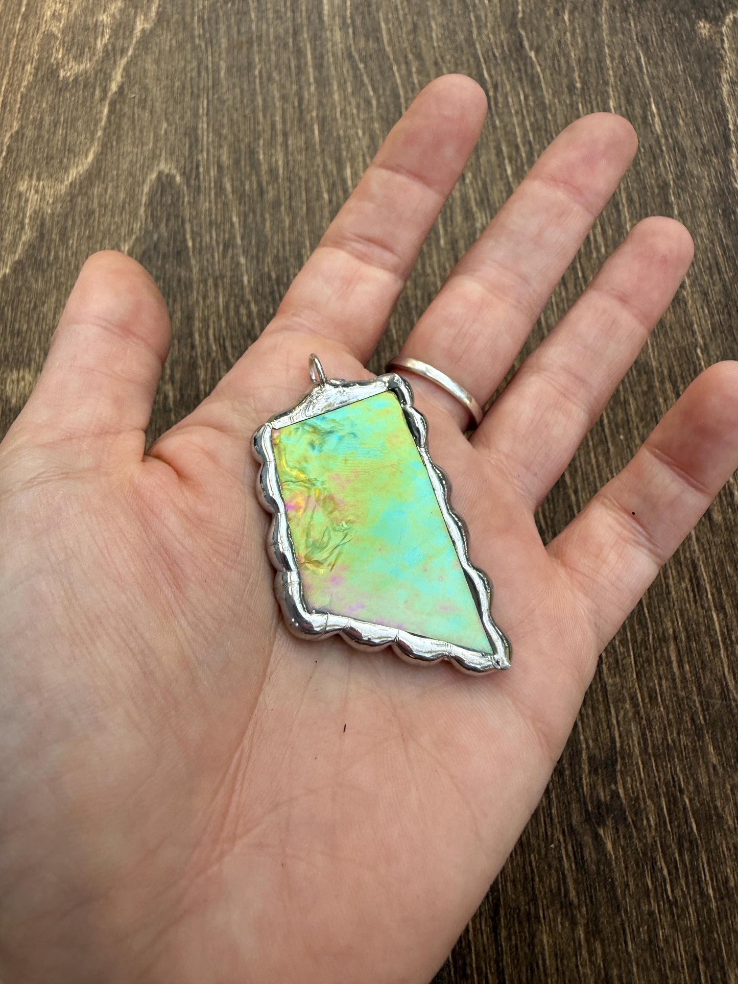 Green Iridescent Stained Glass Pendant | Brutalist Handmade Wearable Art + Whimsigoth Fashion