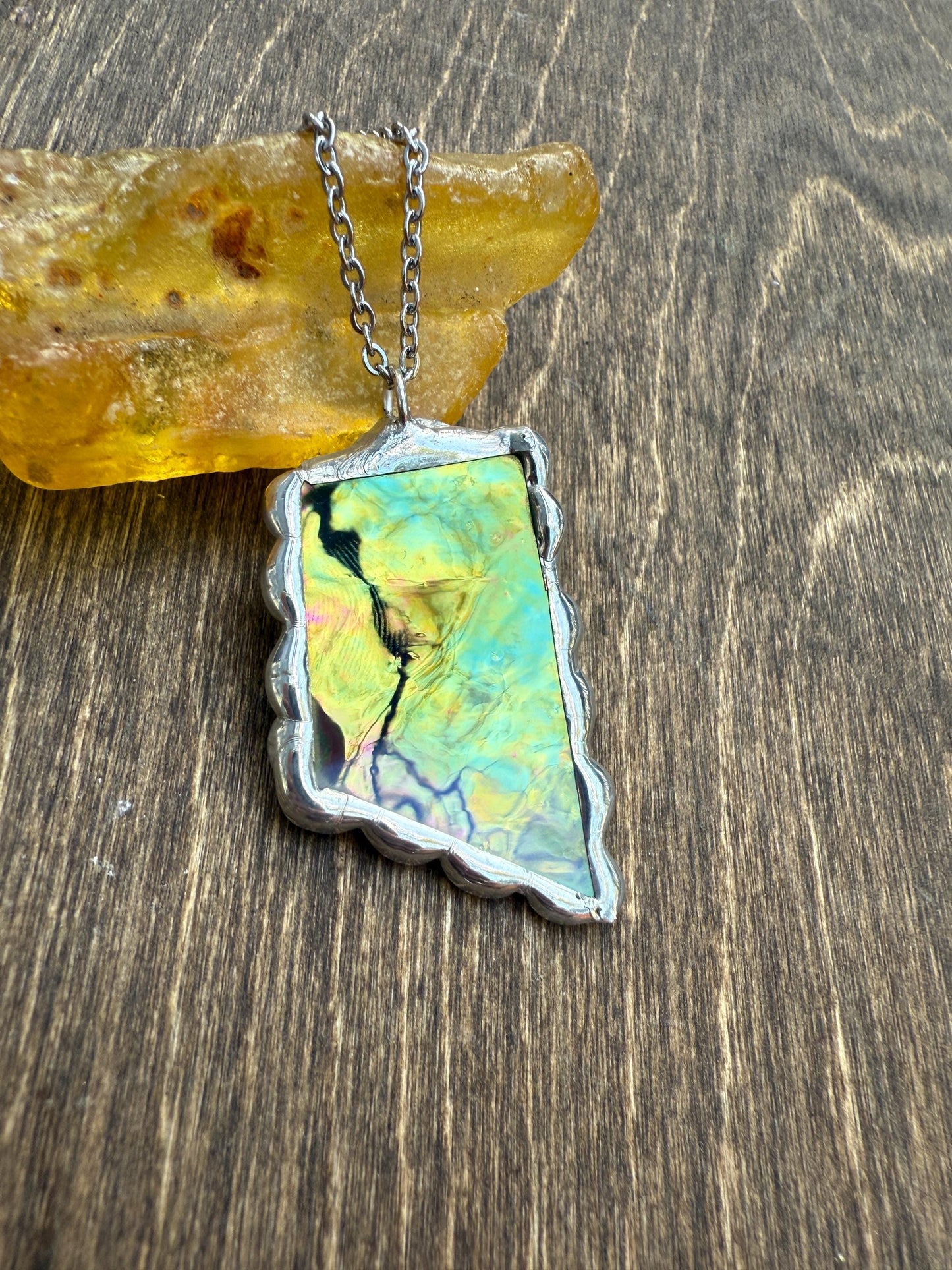Green Iridescent Stained Glass Pendant | Brutalist Handmade Wearable Art + Whimsigoth Fashion
