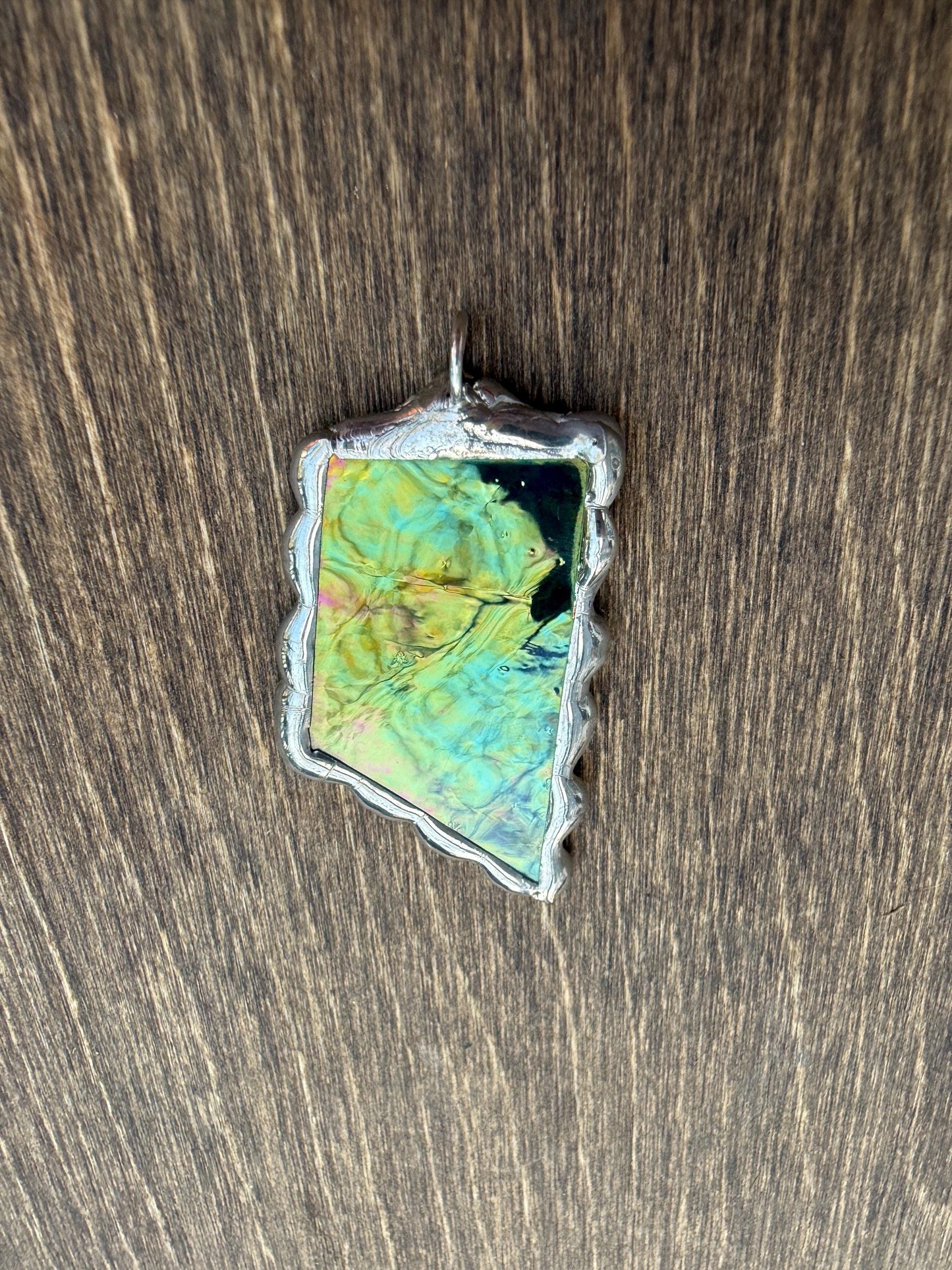 Green Iridescent Stained Glass Pendant | Brutalist Handmade Wearable Art + Whimsigoth Fashion