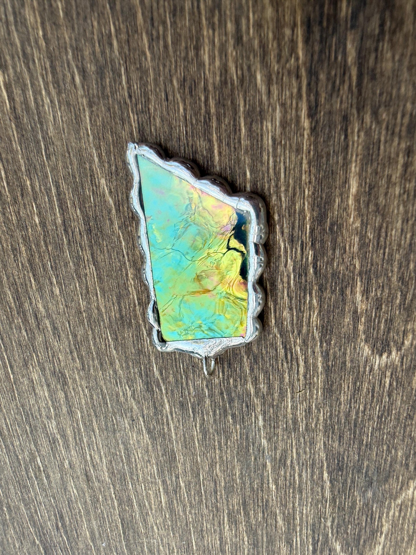 Green Iridescent Stained Glass Pendant | Brutalist Handmade Wearable Art + Whimsigoth Fashion