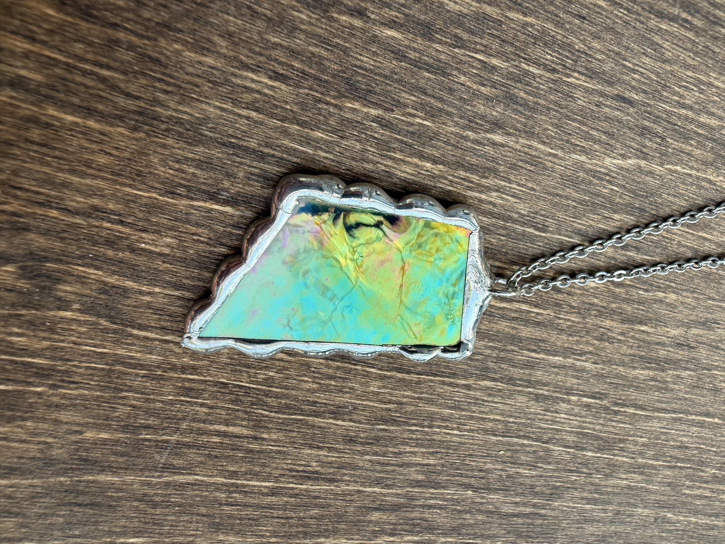 Green Iridescent Stained Glass Pendant | Brutalist Handmade Wearable Art + Whimsigoth Fashion