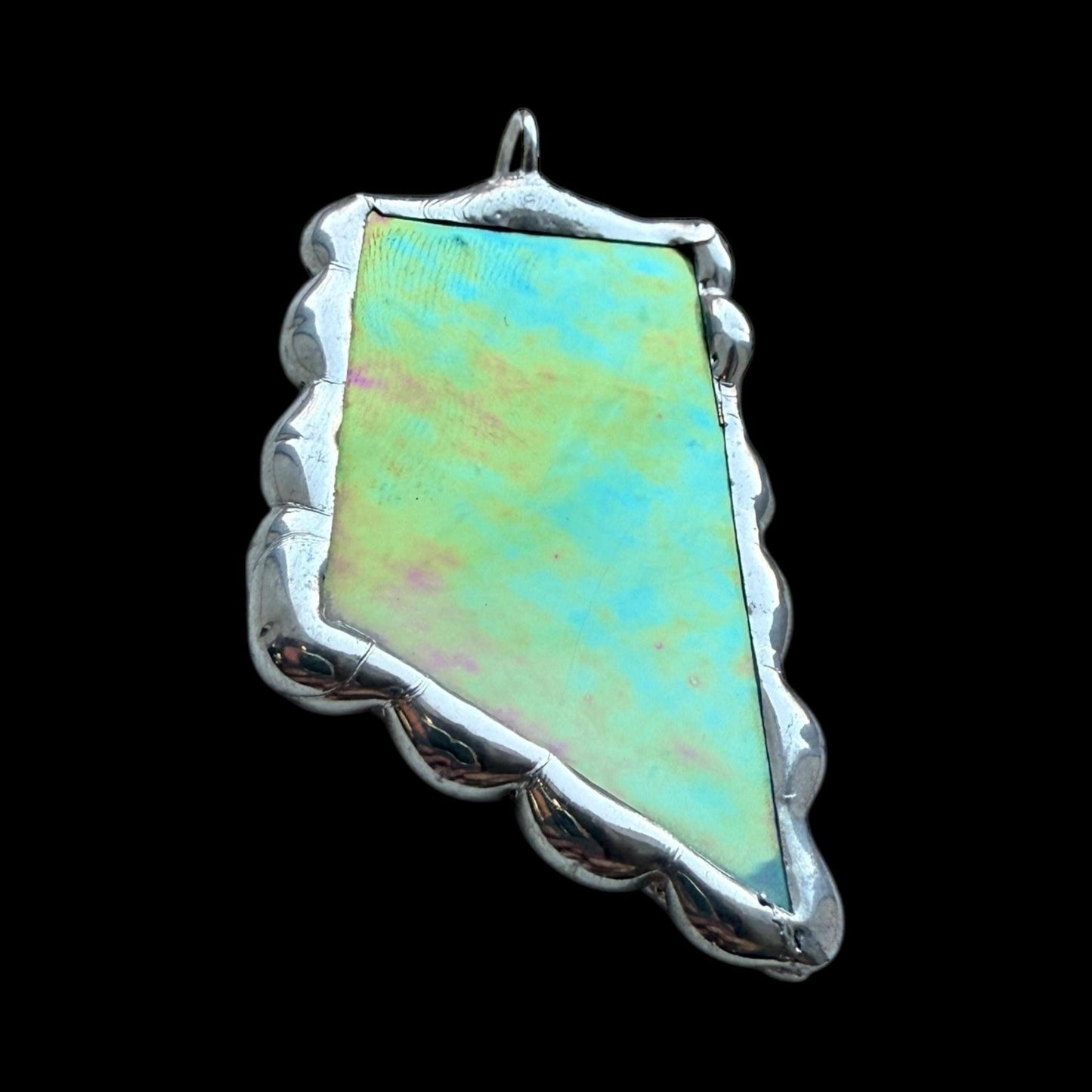 Green Iridescent Stained Glass Pendant | Brutalist Handmade Wearable Art + Whimsigoth Fashion