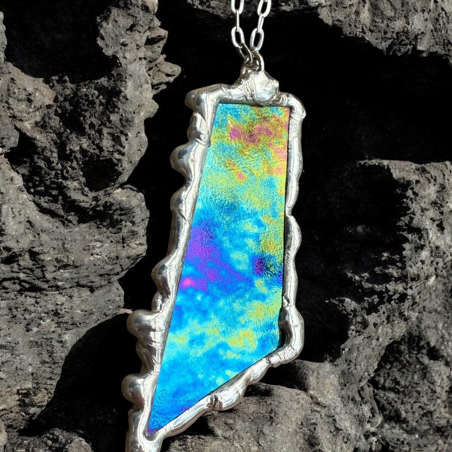 Celestial Iridescent Stained Glass Pendant | Brutalist Handmade Wearable Art + Whimsigoth Fashion