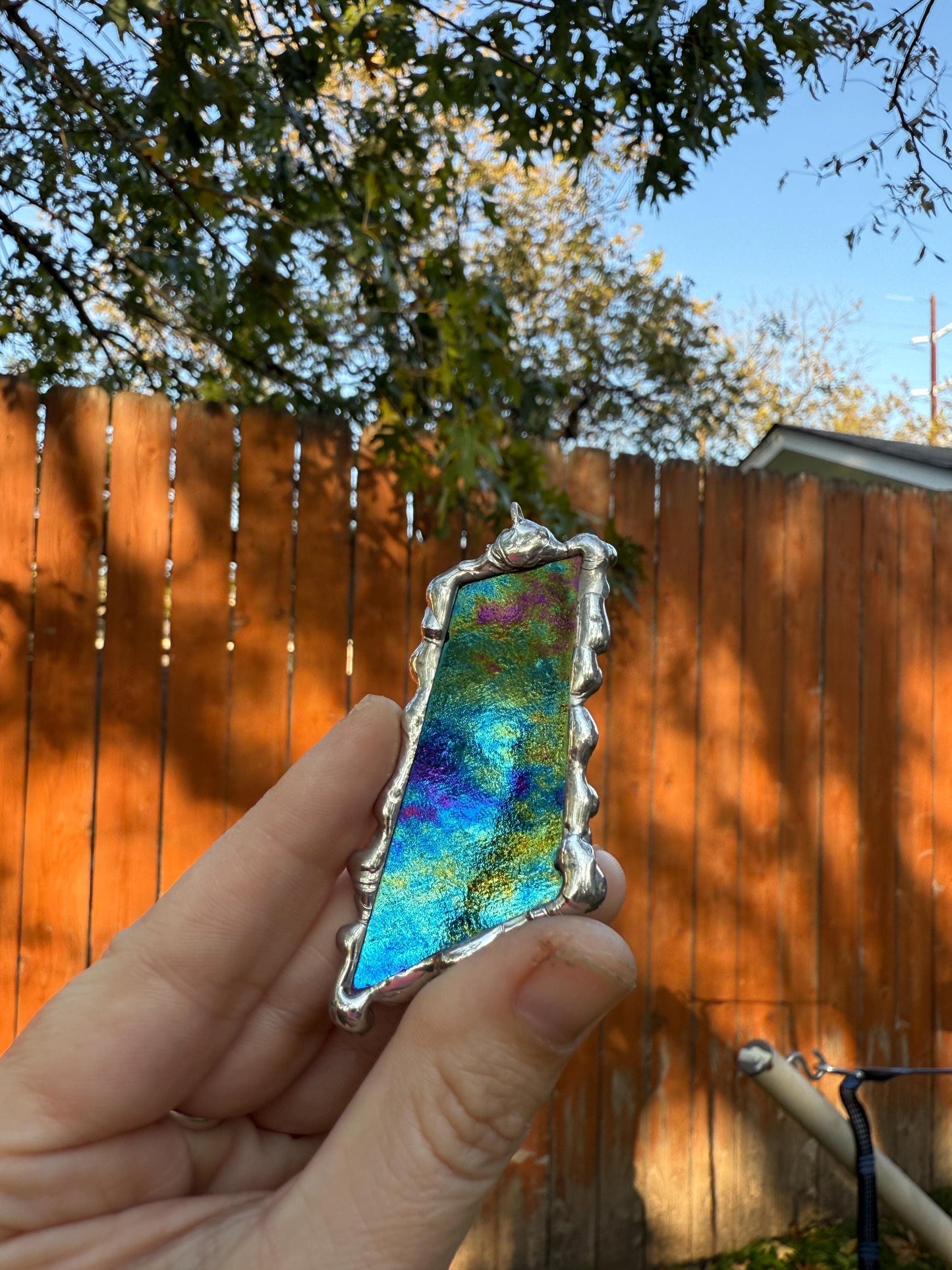 Celestial Iridescent Stained Glass Pendant | Brutalist Handmade Wearable Art + Whimsigoth Fashion