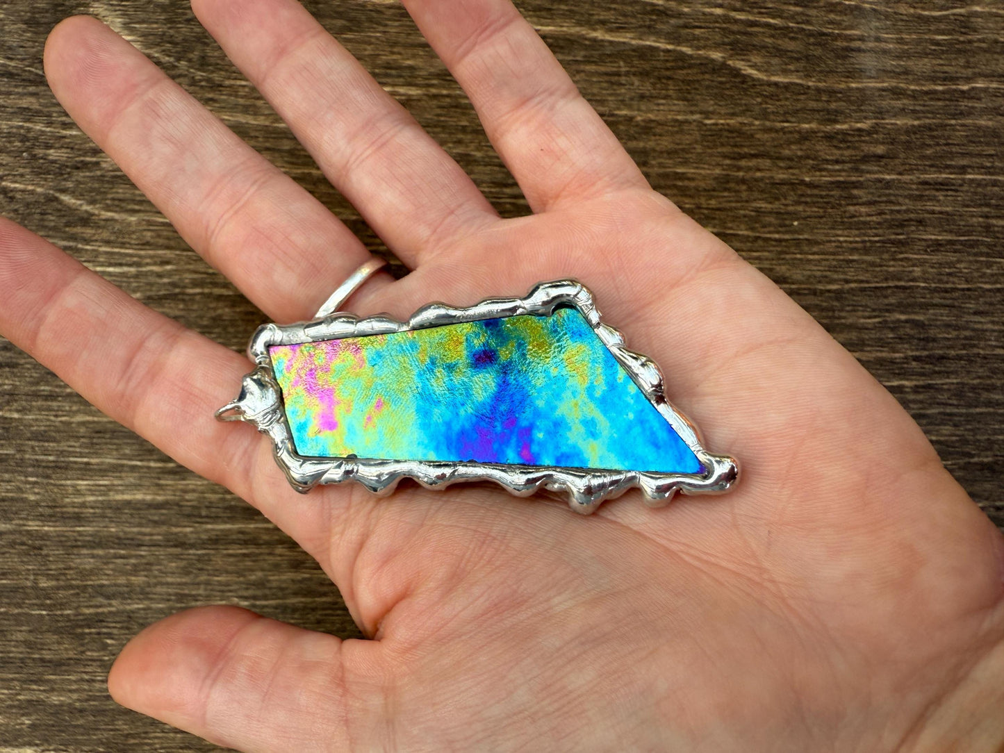 Celestial Iridescent Stained Glass Pendant | Brutalist Handmade Wearable Art + Whimsigoth Fashion