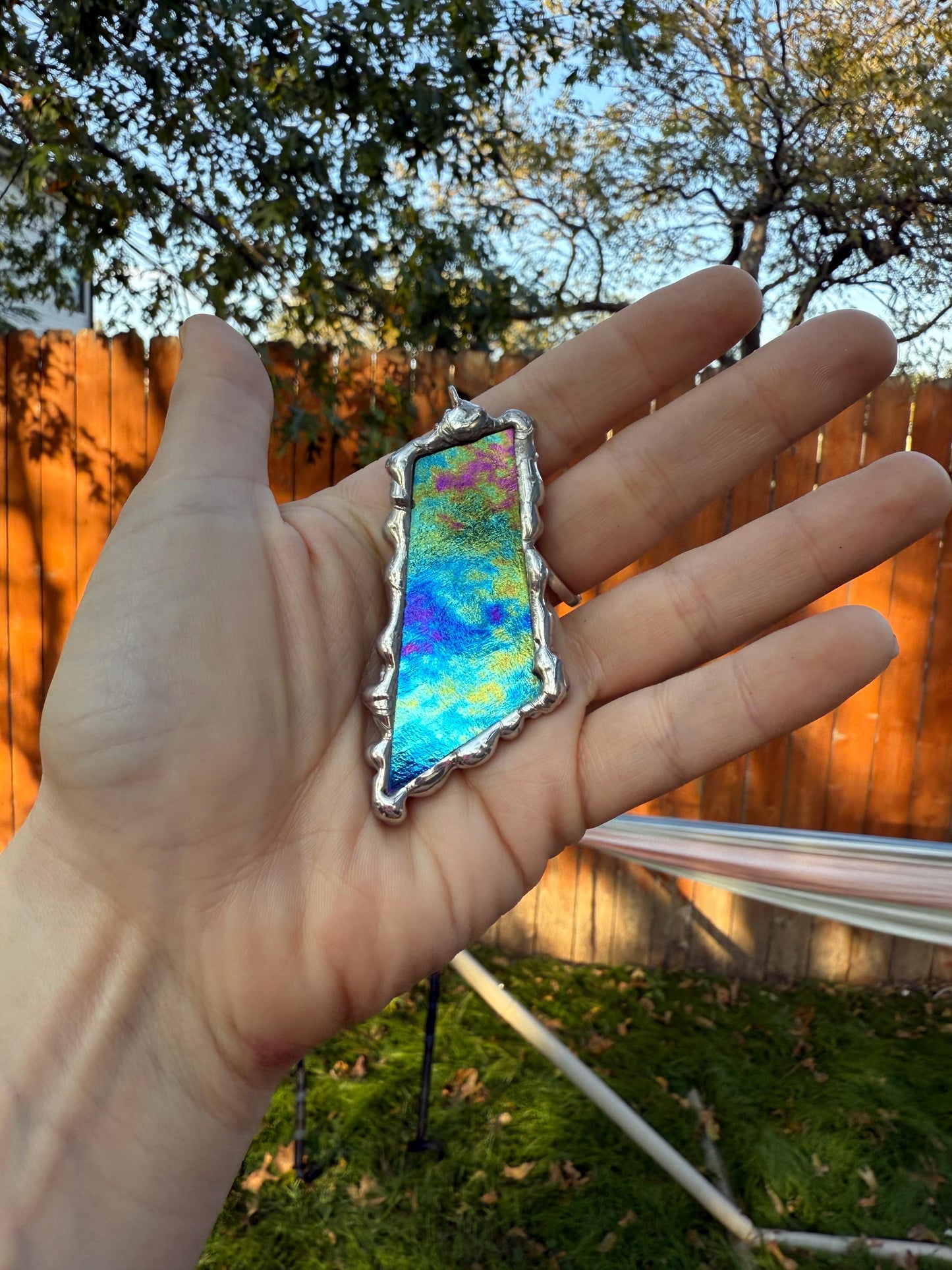 Celestial Iridescent Stained Glass Pendant | Brutalist Handmade Wearable Art + Whimsigoth Fashion