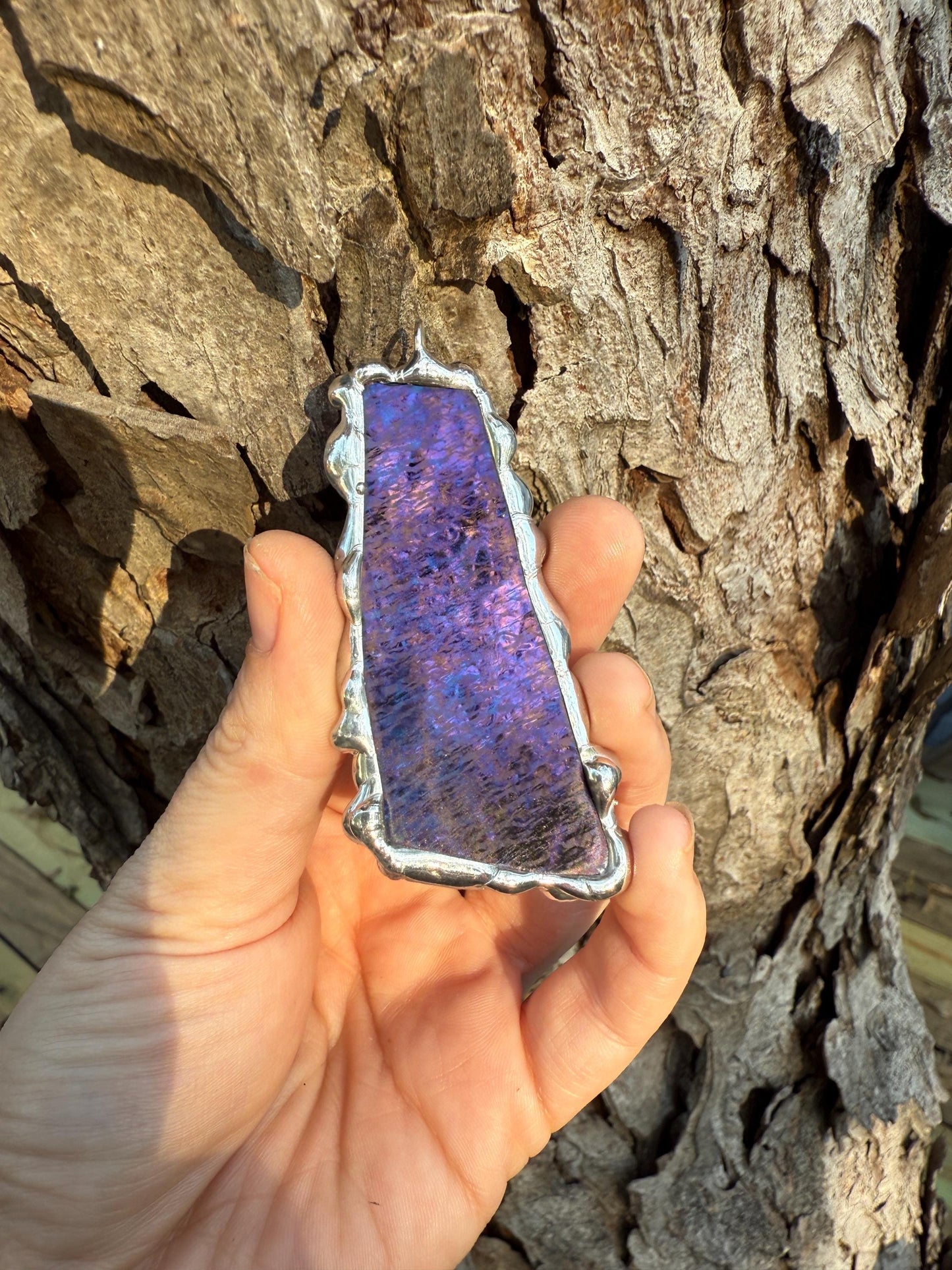Purple Iridescent Stained Glass Pendant | Brutalist Handmade Wearable Art + Whimsigoth Fashion