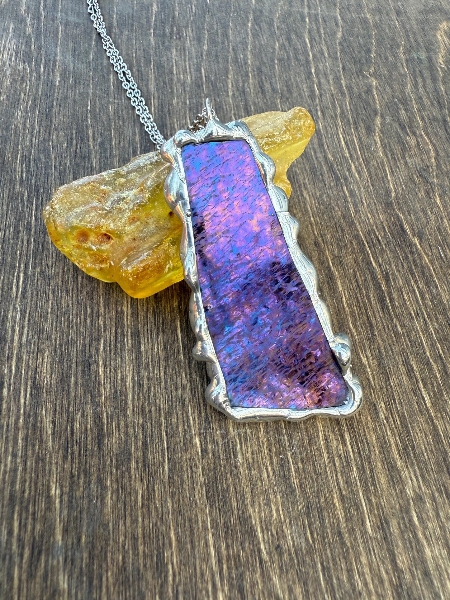 Purple Iridescent Stained Glass Pendant | Brutalist Handmade Wearable Art + Whimsigoth Fashion