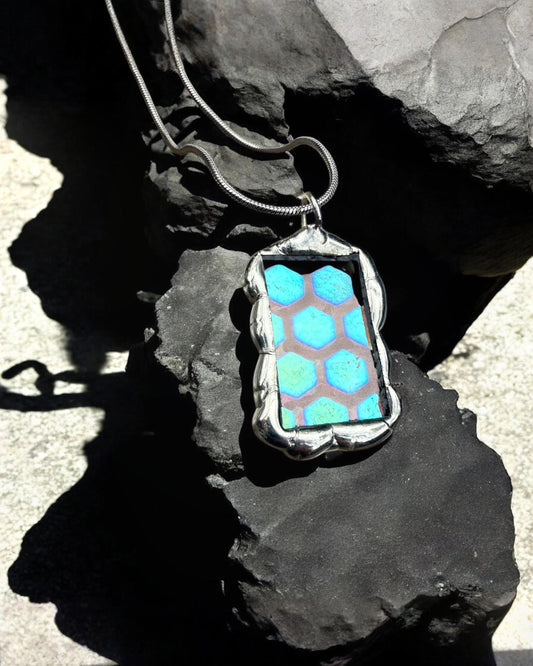 Geometric Iridescent Stained Glass Pendant | Brutalist Handmade Wearable Art + Whimsigoth Fashion