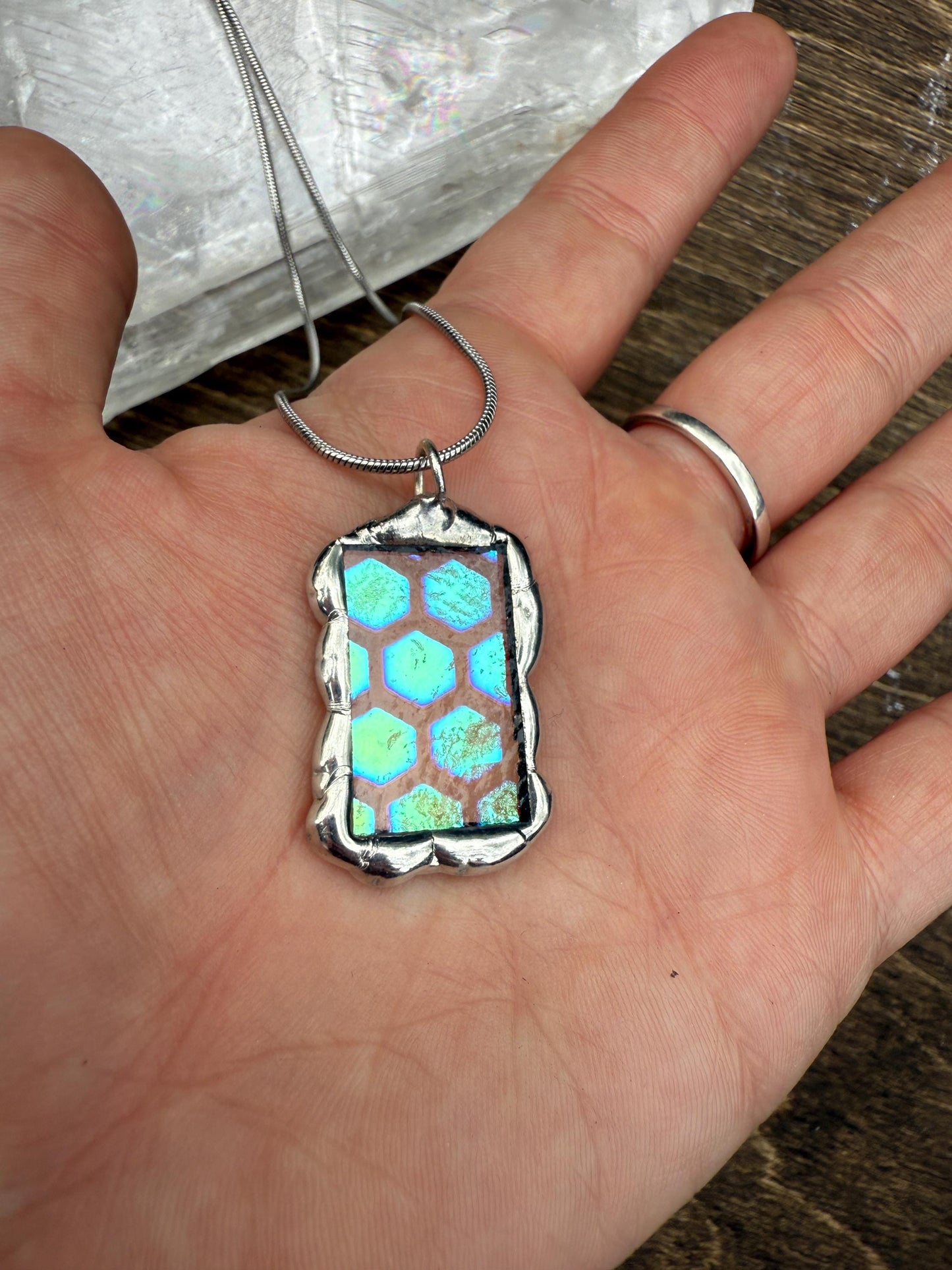 Geometric Iridescent Stained Glass Pendant | Brutalist Handmade Wearable Art + Whimsigoth Fashion