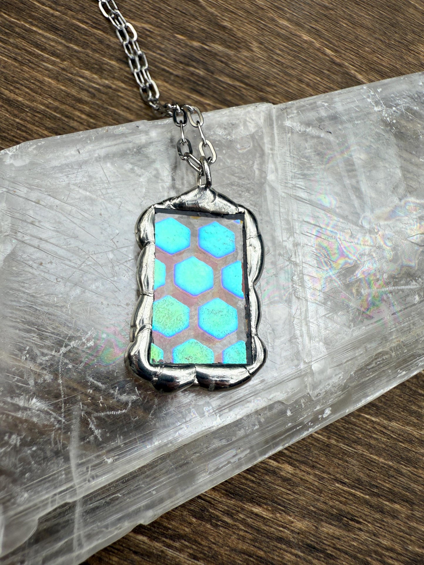 Geometric Iridescent Stained Glass Pendant | Brutalist Handmade Wearable Art + Whimsigoth Fashion